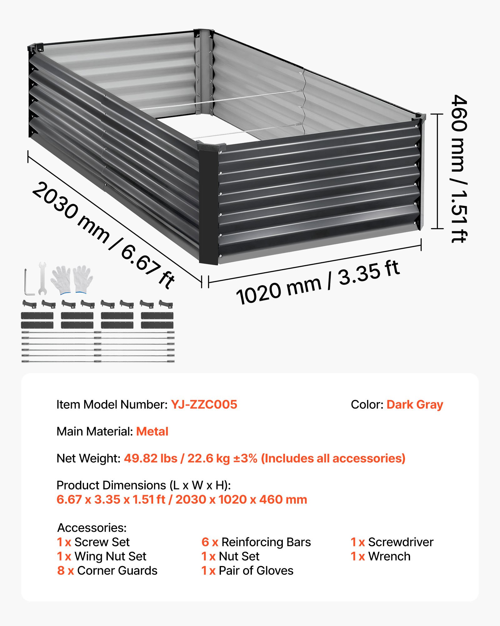 VEVOR Cama Elevada de Jardín 203x102x46 cm Rectangular, Arriate de Jardín de Metal con Base Abierta, para Cultivo de Flores Plantas con Accesorios para Terraza Patio Balcón, 2 Piezas, Gris Oscuro