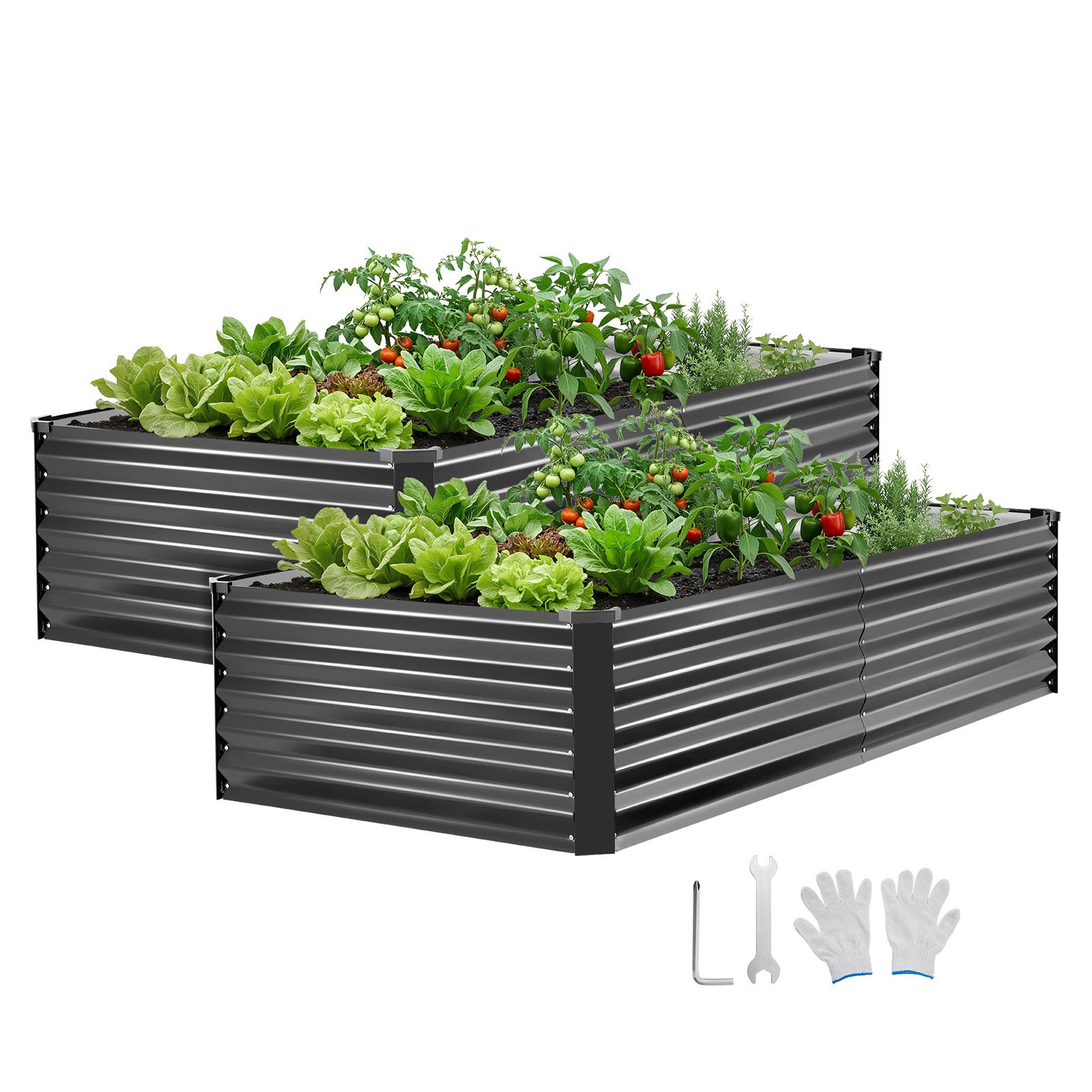 VEVOR Cama Elevada de Jardín 203x102x46 cm Rectangular, Arriate de Jardín de Metal con Base Abierta, para Cultivo de Flores Plantas con Accesorios para Terraza Patio Balcón, 2 Piezas, Gris Oscuro