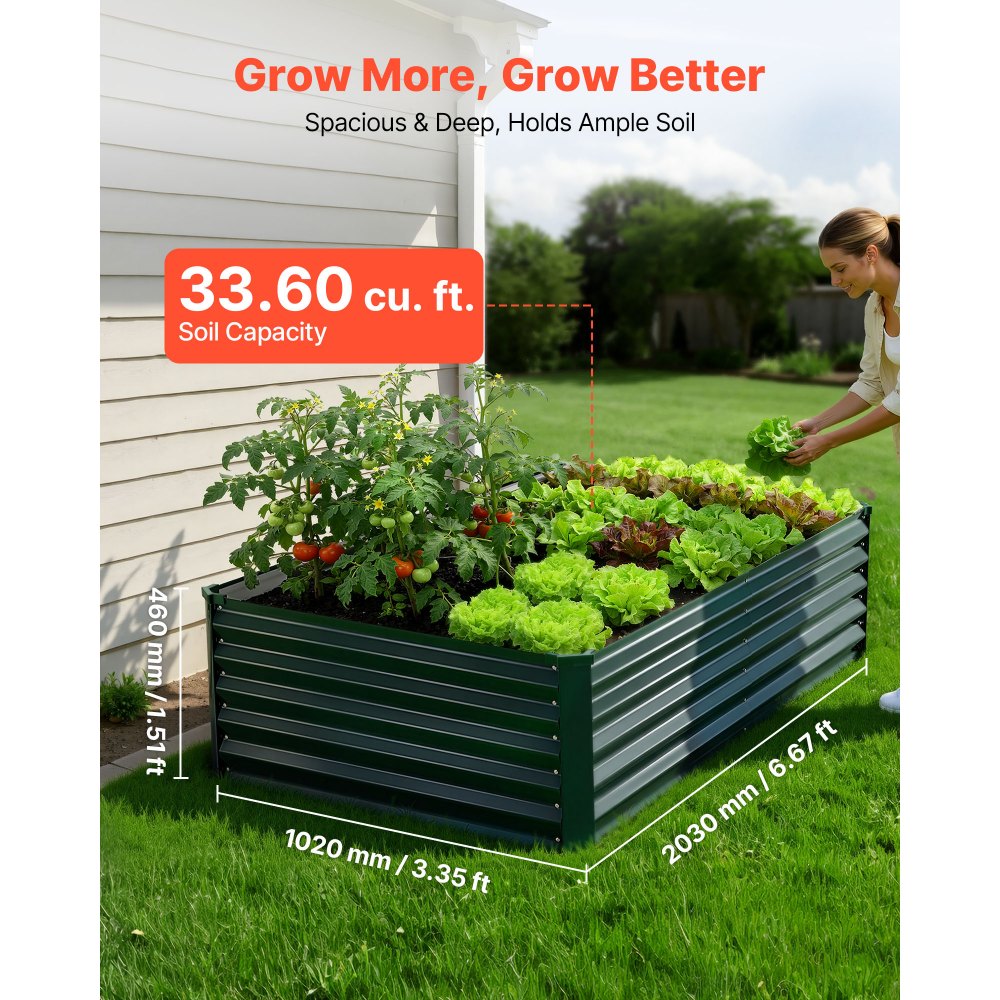 VEVOR Cama Elevada de Jardín 203 x 102 x 46 cm Rectangular, Arriate de Jardín de Metal con Fondo Abierto, para Cultivo de Flores Plantas Verduras con Accesorios para Patio Balcón, Verde Oscuro