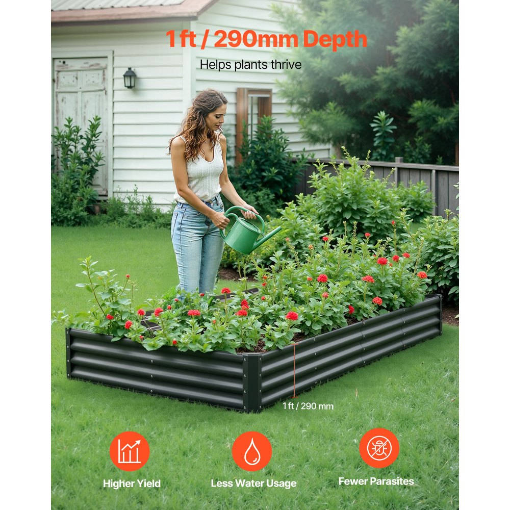 VEVOR Cama Elevada de Jardín 240 x 120 x 29 cm Rectangular, Jardinería Elevada de Metal con Base Abierta para Cultivo de Flores Plantas Hierbas Huerto con Accesorios para Jardín Terraza Patio Balcón