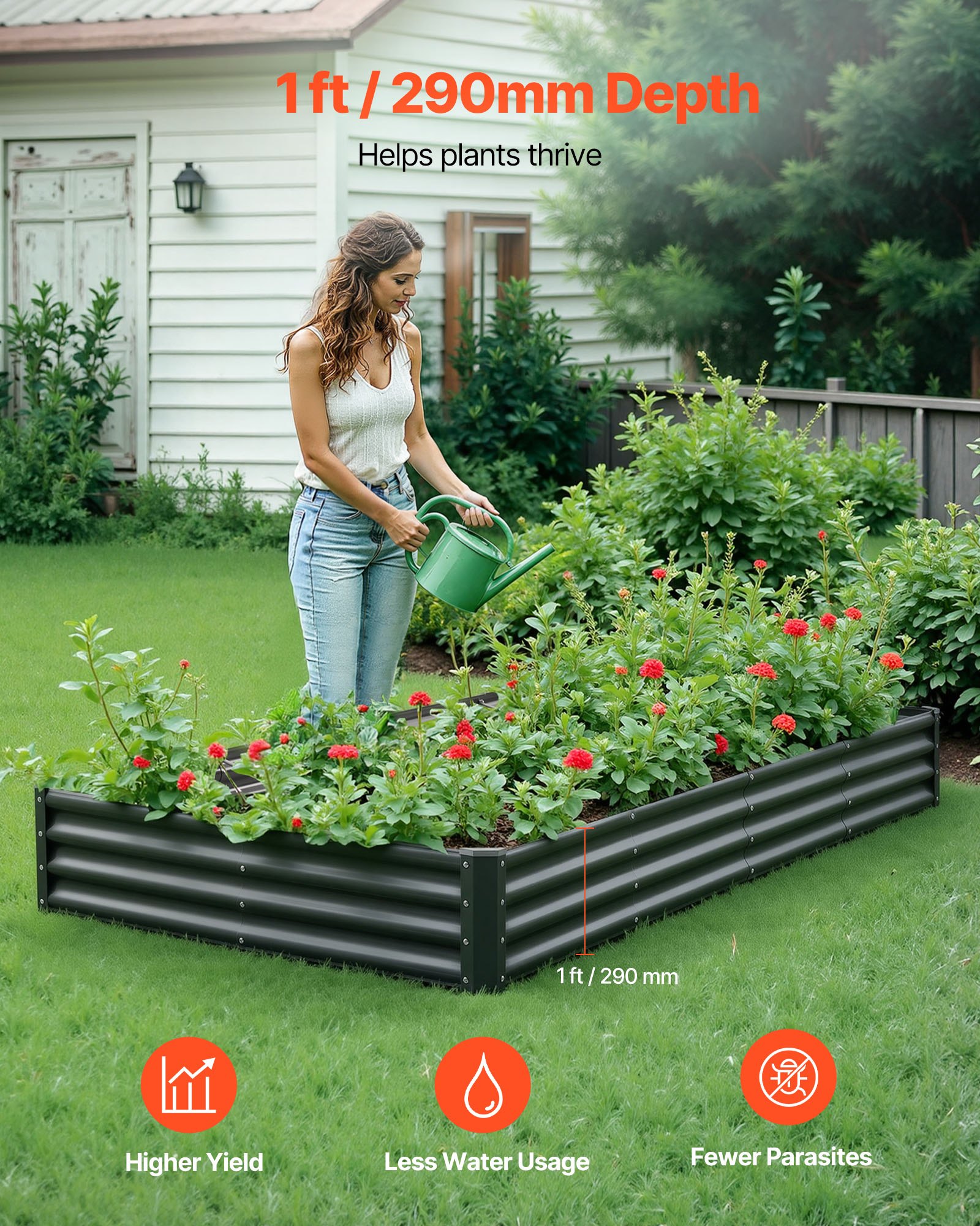 VEVOR Cama Elevada de Jardín 240 x 120 x 29 cm Rectangular, Jardinería Elevada de Metal con Base Abierta para Cultivo de Flores Plantas Hierbas Huerto con Accesorios para Jardín Terraza Patio Balcón