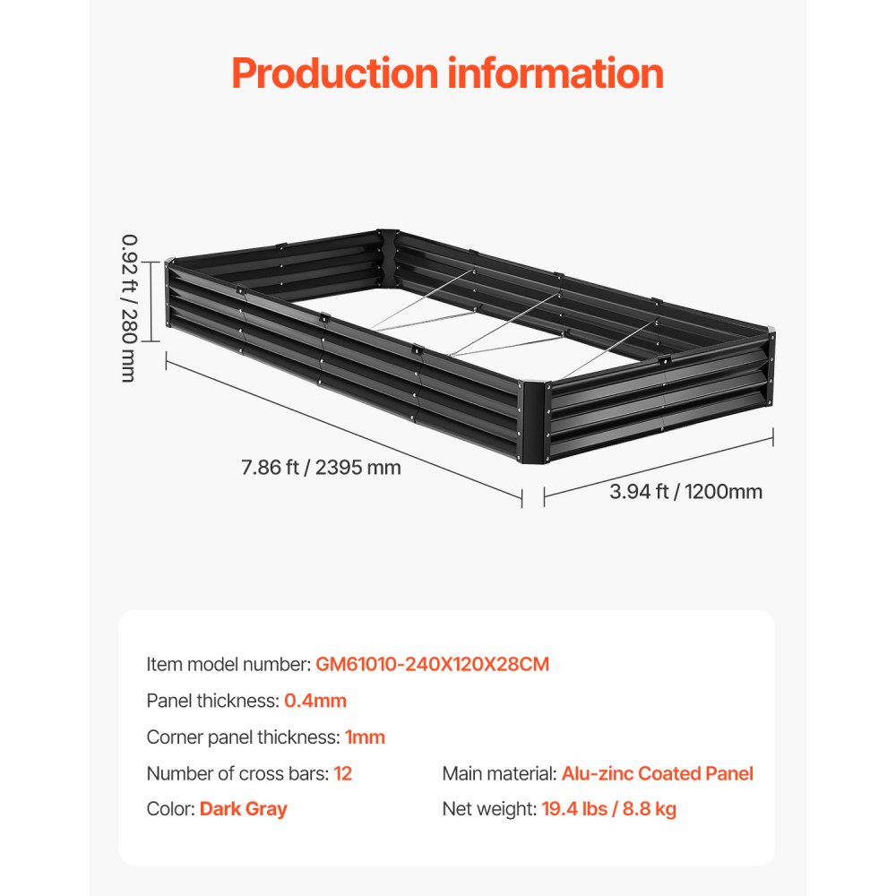 VEVOR Raised Garden Bed, Metal, 2395x1200x280 mm, Galvanized Planter Box, Planting Bed with Open Bottom, Vegetable Bed for Growing Vegetables, Flowers, Herbs & Succulents, Dark Grey