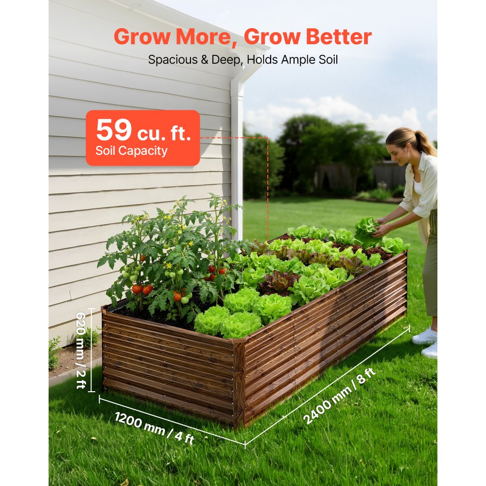 VEVOR Cama Elevada de Jardín 240 x 120 x 62 cm Rectangular, Arriate de Jardín de Metal con Fondo Abierto, para Cultivo de Flores Plantas Verduras con Accesorios para Terraza Patio, Color de Madera