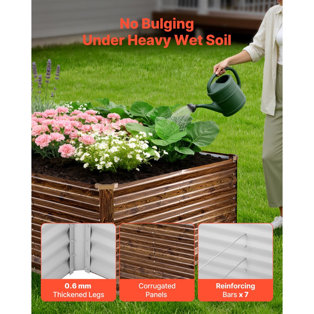 VEVOR Cama Elevada de Jardín 240 x 120 x 62 cm Rectangular, Arriate de Jardín de Metal con Fondo Abierto, para Cultivo de Flores Plantas Verduras con Accesorios para Terraza Patio, Color de Madera