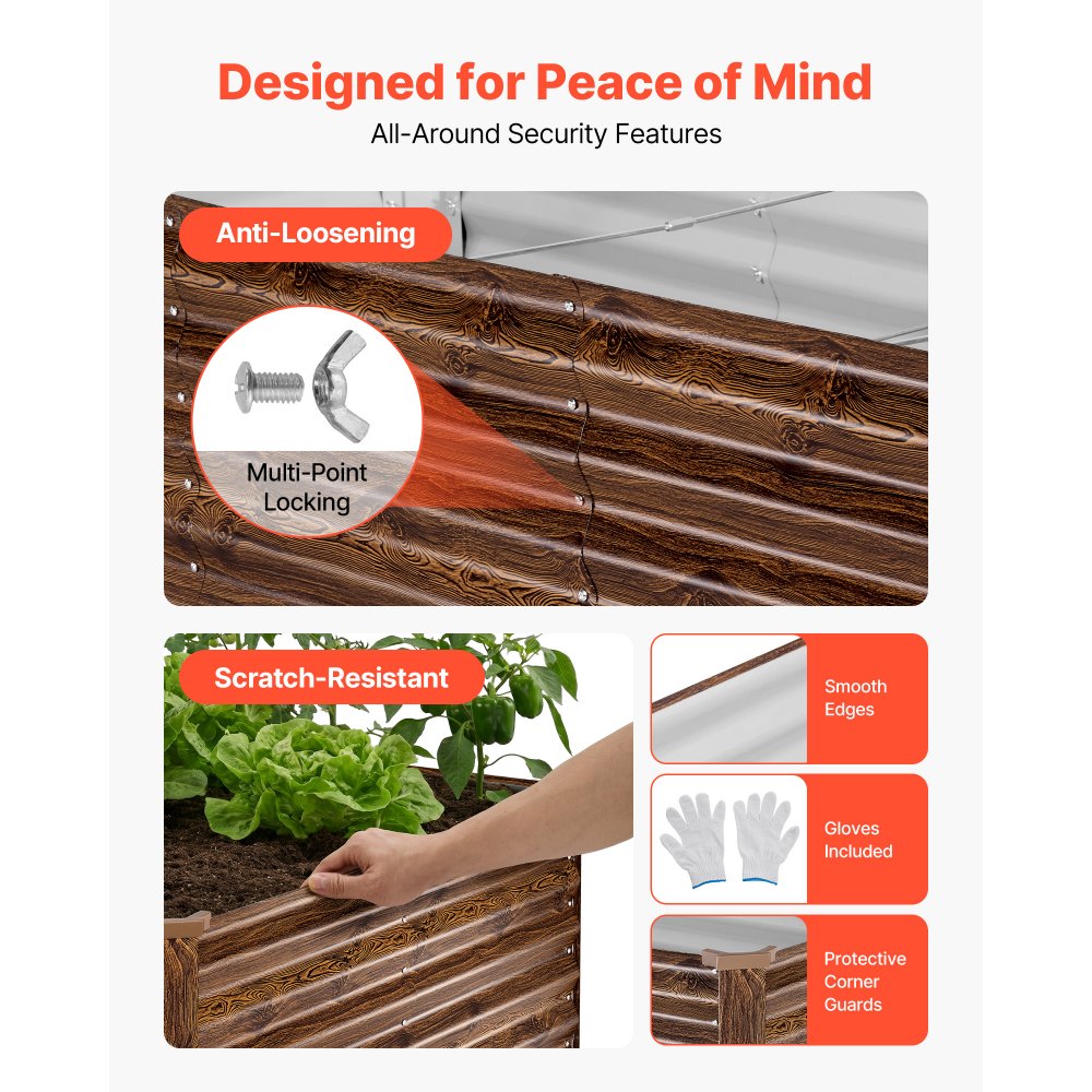 VEVOR Cama Elevada de Jardín 240 x 120 x 62 cm Rectangular, Arriate de Jardín de Metal con Fondo Abierto, para Cultivo de Flores Plantas Verduras con Accesorios para Terraza Patio, Color de Madera