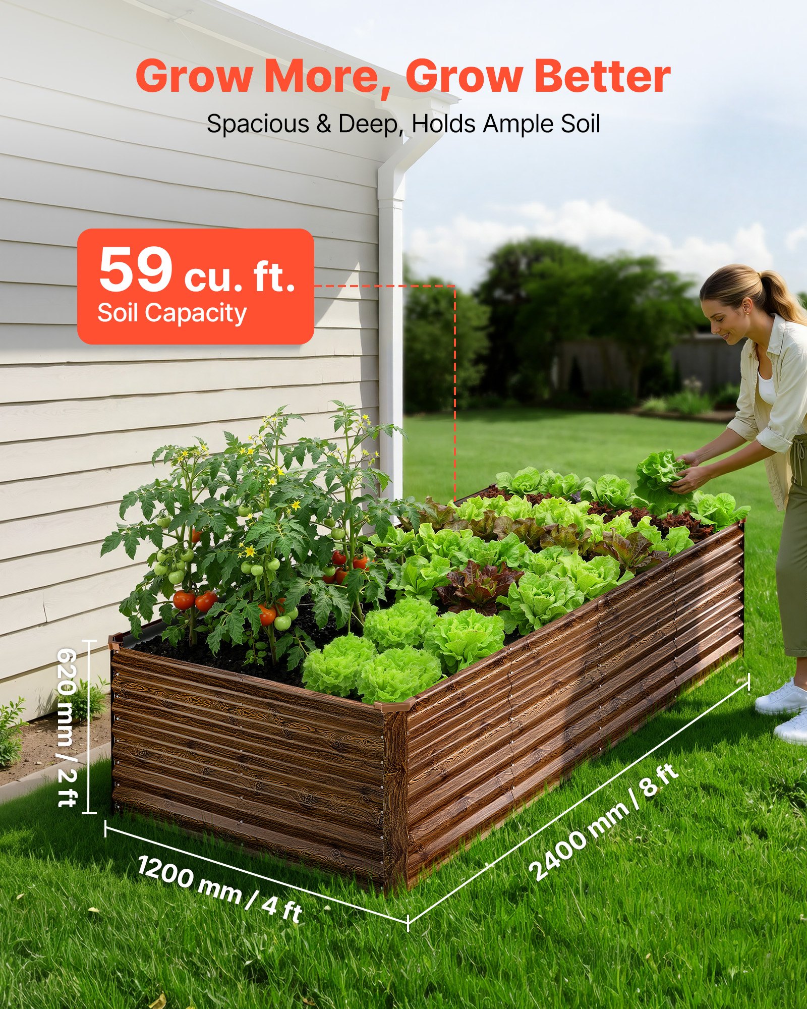 VEVOR Cama Elevada de Jardín 240 x 120 x 62 cm Rectangular, Arriate de Jardín de Metal con Fondo Abierto, para Cultivo de Flores Plantas Verduras con Accesorios para Terraza Patio, Color de Madera