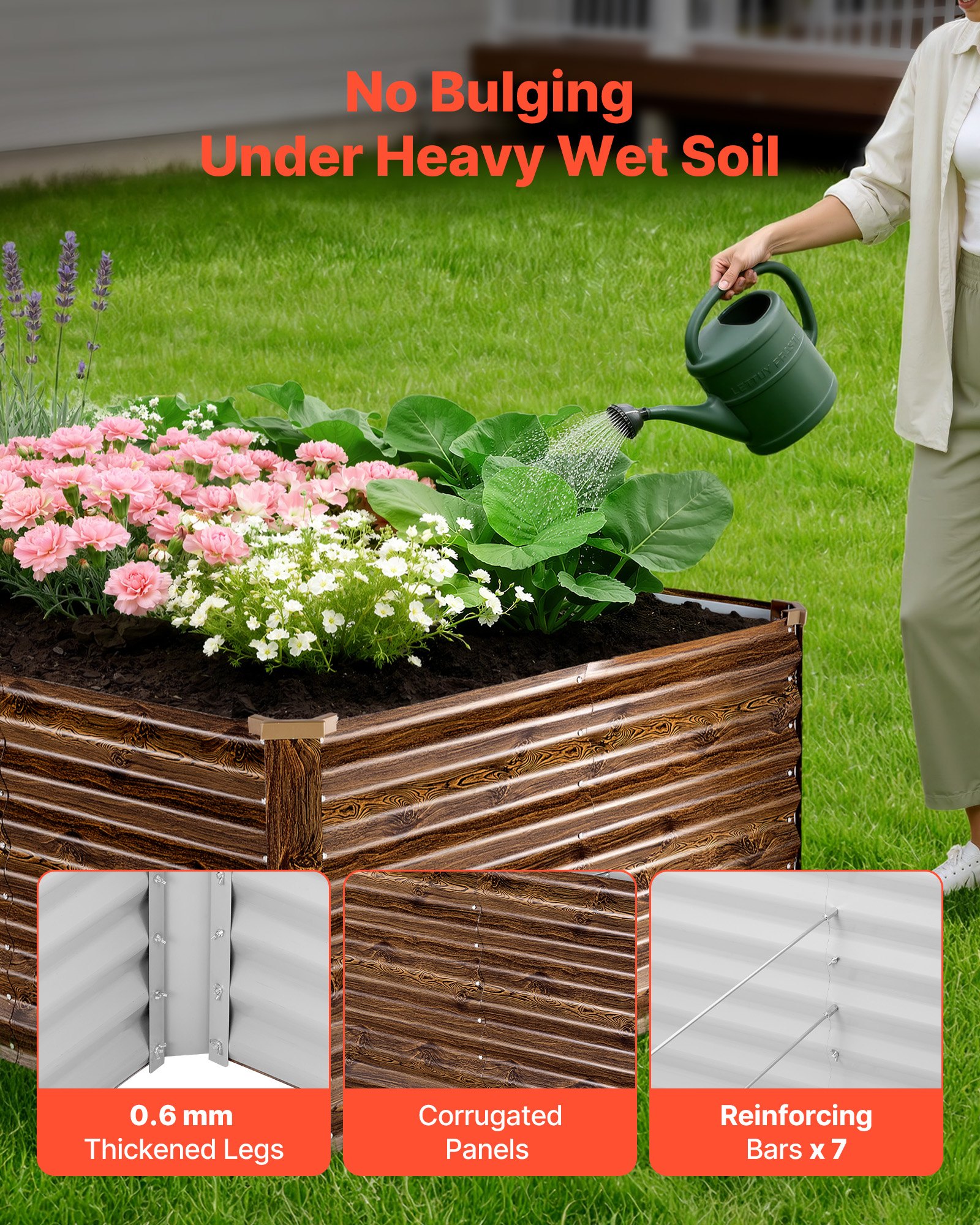 VEVOR Cama Elevada de Jardín 240 x 120 x 62 cm Rectangular, Arriate de Jardín de Metal con Fondo Abierto, para Cultivo de Flores Plantas Verduras con Accesorios para Terraza Patio, Color de Madera