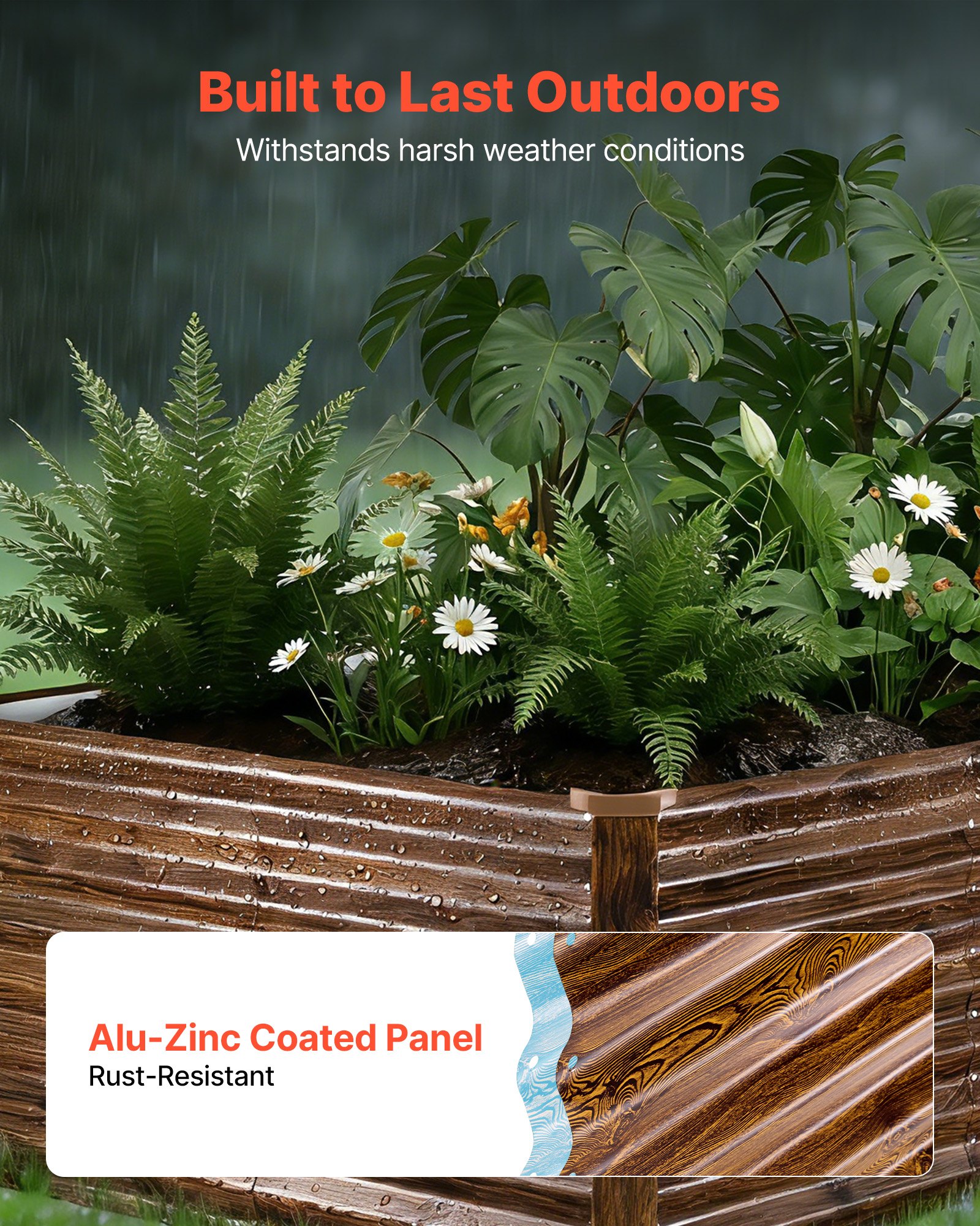 VEVOR Cama Elevada de Jardín 240 x 120 x 62 cm Rectangular, Arriate de Jardín de Metal con Fondo Abierto, para Cultivo de Flores Plantas Verduras con Accesorios para Terraza Patio, Color de Madera