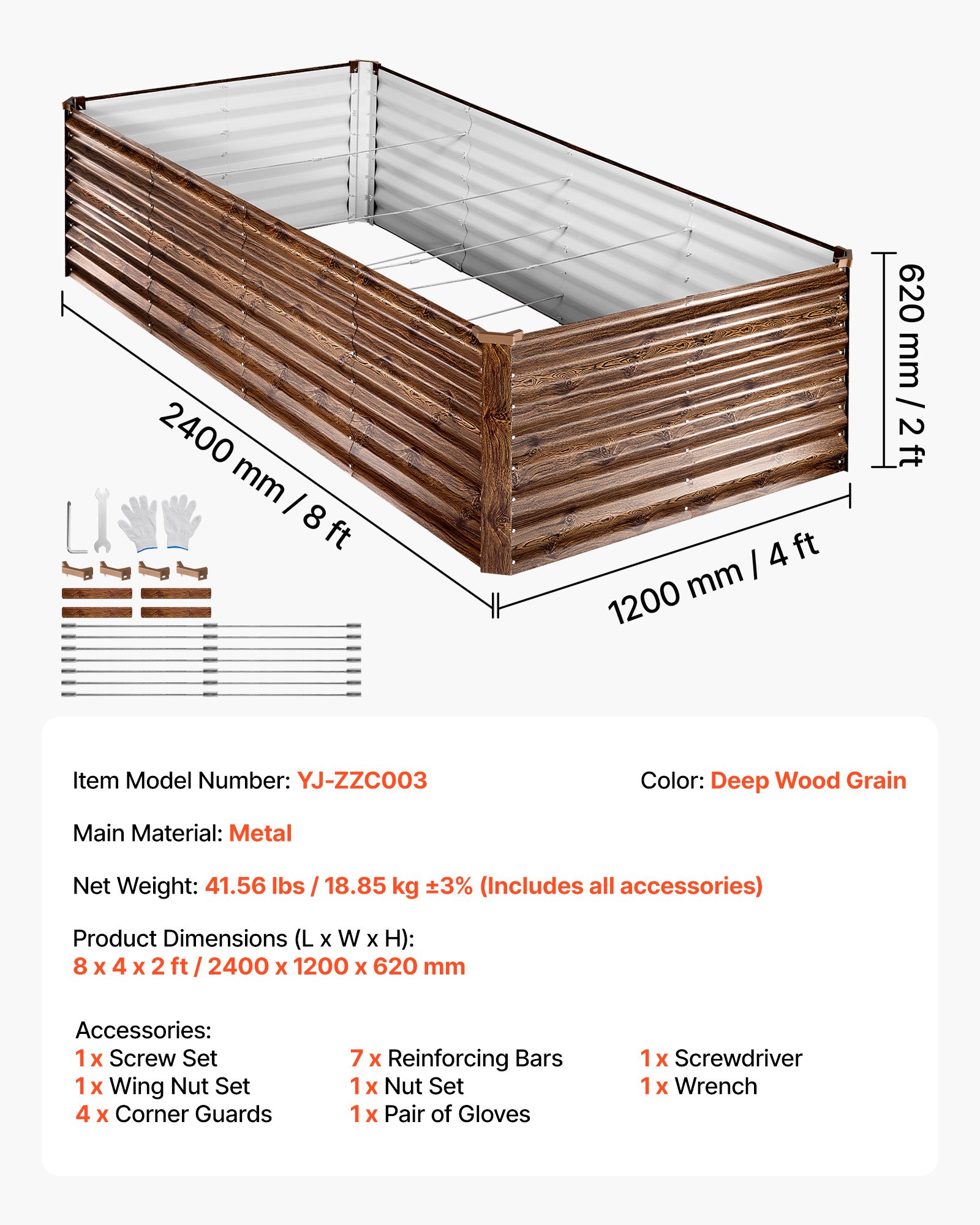VEVOR Cama Elevada de Jardín 240 x 120 x 62 cm Rectangular, Arriate de Jardín de Metal con Fondo Abierto, para Cultivo de Flores Plantas Verduras con Accesorios para Terraza Patio, Color de Madera