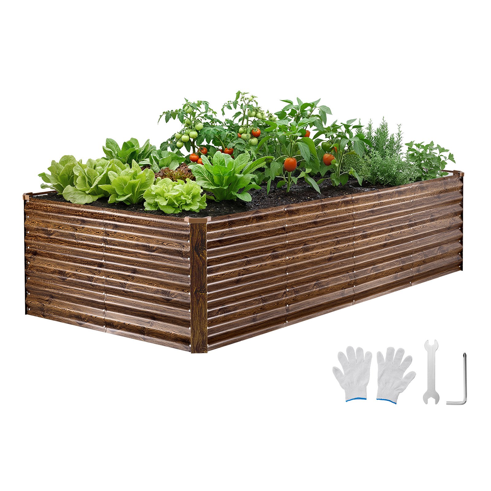 VEVOR Cama Elevada de Jardín 240 x 120 x 62 cm Rectangular, Arriate de Jardín de Metal con Fondo Abierto, para Cultivo de Flores Plantas Verduras con Accesorios para Terraza Patio, Color de Madera