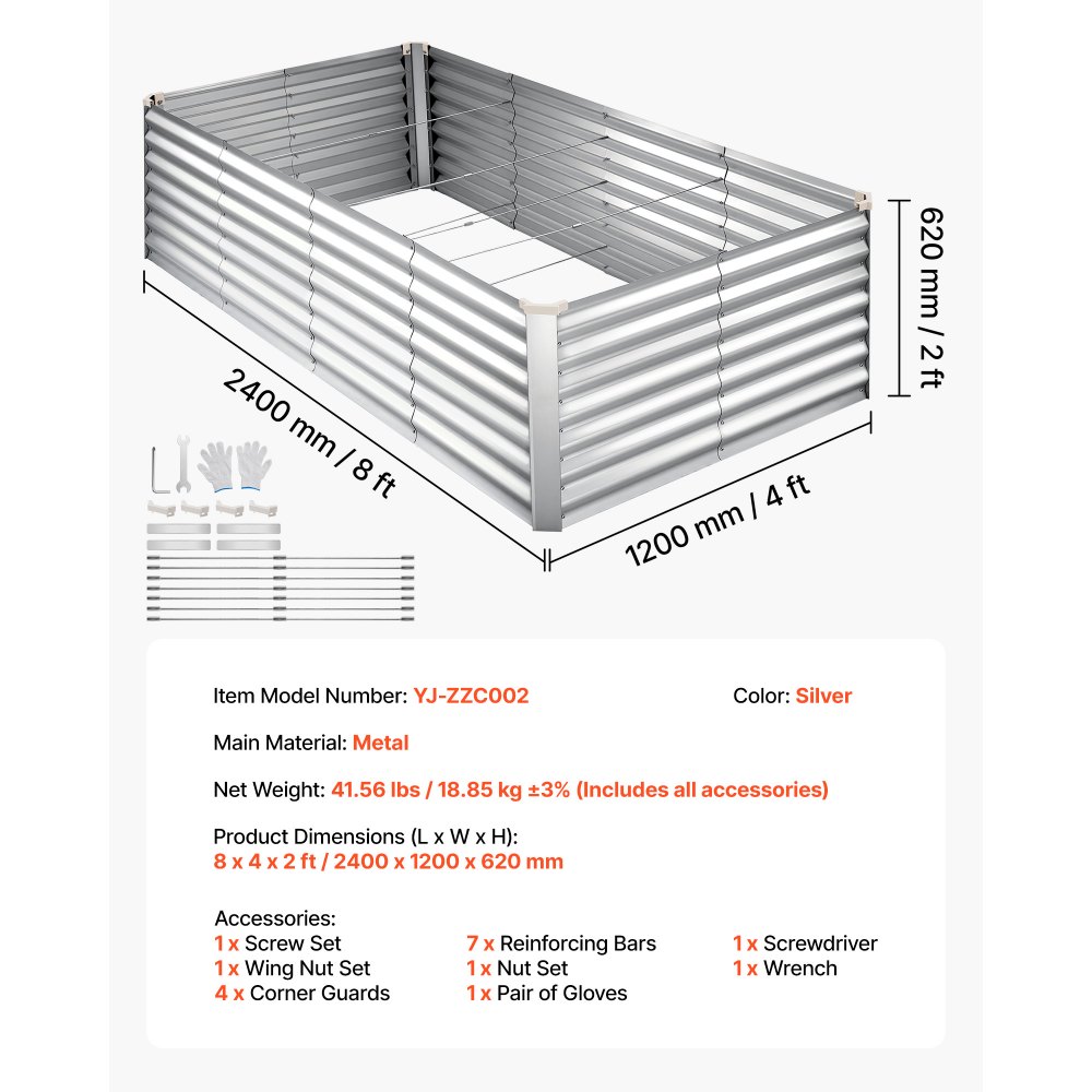 VEVOR Cama Elevada de Jardín 240 x 120 x 62 cm Rectangular, Arriate de Jardín de Metal con Fondo Abierto, para Cultivo de Flores Plantas Verduras con Accesorios para Terraza Patio Balcón, Plateado