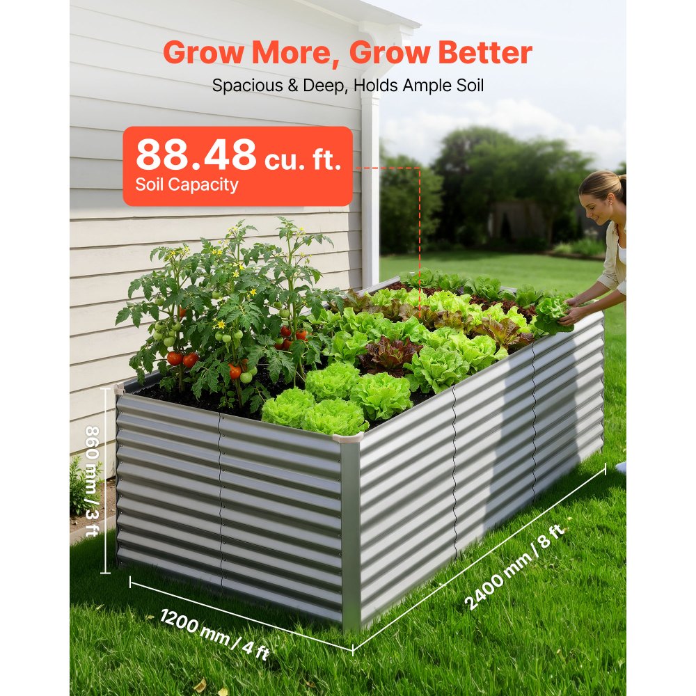 VEVOR Cama Elevada de Jardín 240 x 120 x 86 cm Rectangular, Arriate de Jardín de Metal con Fondo Abierto, para Cultivo de Flores Plantas Verduras con Accesorios para Terraza Patio Balcón, Plateado
