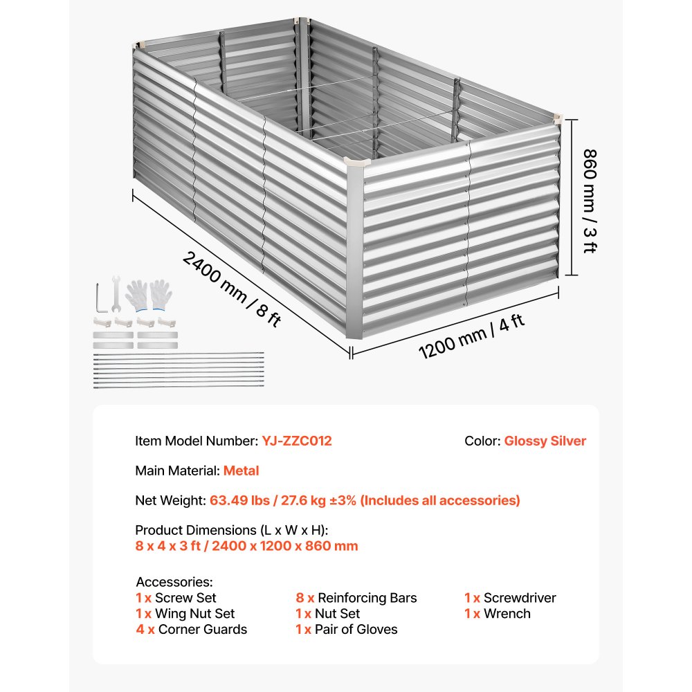 VEVOR Cama Elevada de Jardín 240 x 120 x 86 cm Rectangular, Arriate de Jardín de Metal con Fondo Abierto, para Cultivo de Flores Plantas Verduras con Accesorios para Terraza Patio Balcón, Plateado