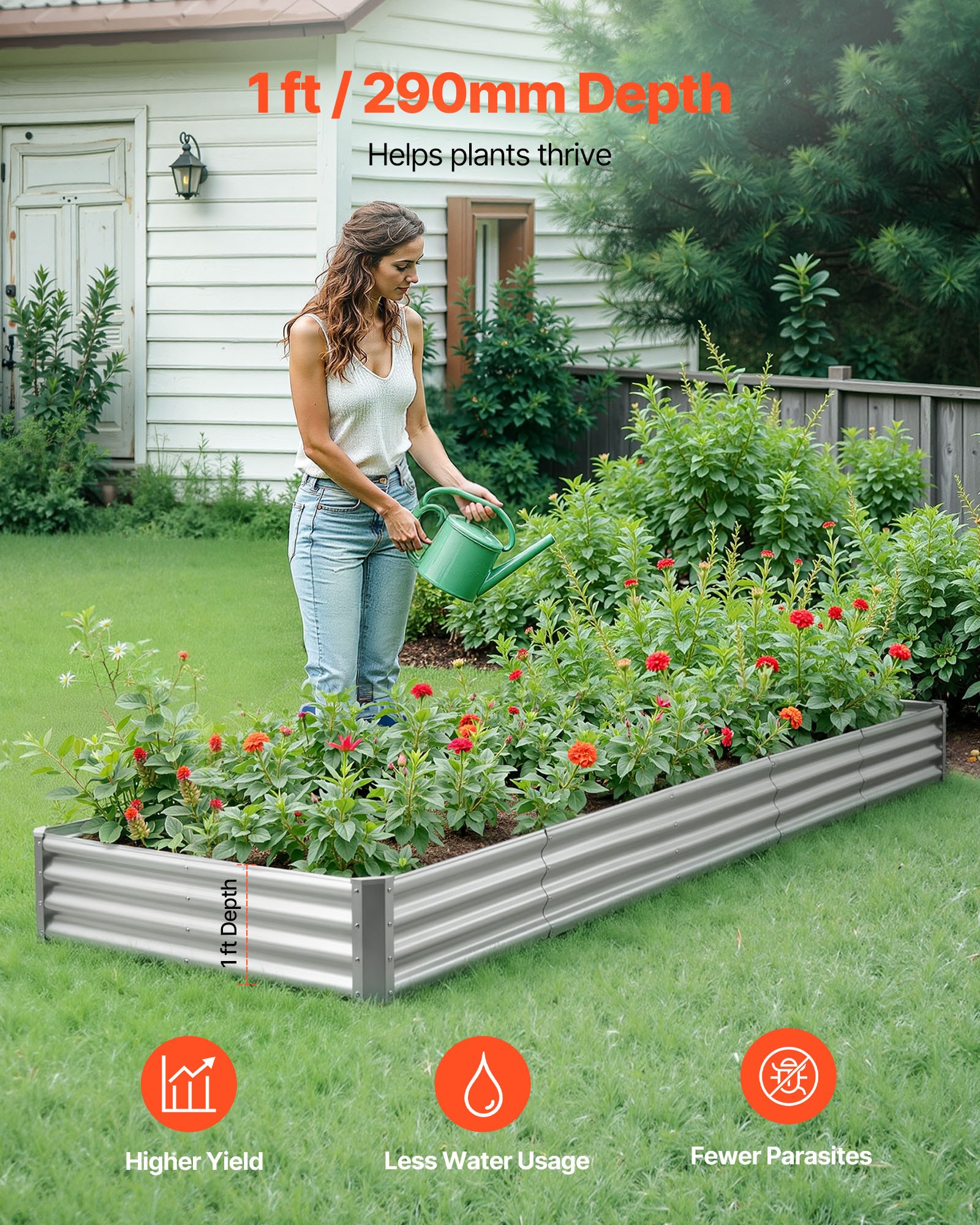 VEVOR Cama Elevada de Jardín 360 x 120 x 29 cm Rectangular, Jardinería Elevada de Metal con Base Abierta para Cultivo de Flores Plantas Hierbas Huerto con Accesorios para Jardín Terraza Patio Balcón