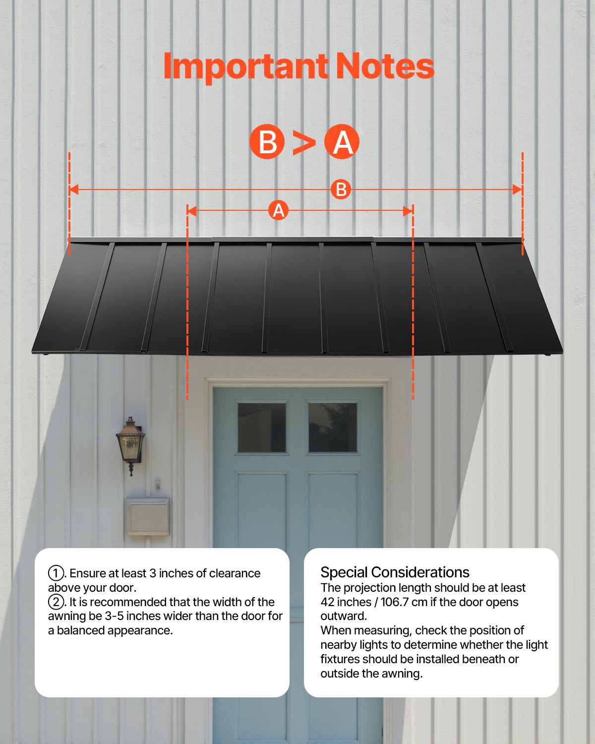 VEVOR Toldo para Exterior, Área de Protección Solar de 2641 x 910 mm Toldo de Acero con Recubrimiento en Polvo Resistente a la Oxidación con Voladizo Compatible para puerta de 2280 mm de Ancho