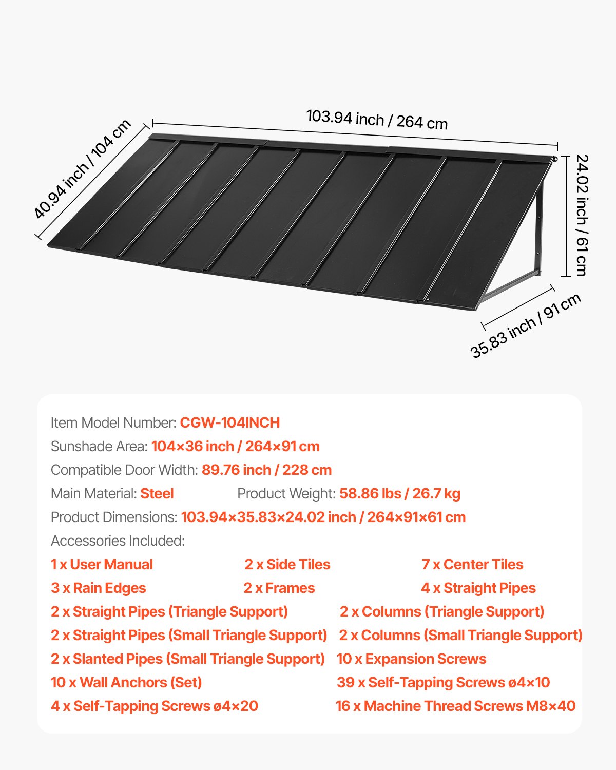 VEVOR Toldo para Exterior, Área de Protección Solar de 2641 x 910 mm Toldo de Acero con Recubrimiento en Polvo Resistente a la Oxidación con Voladizo Compatible para puerta de 2280 mm de Ancho