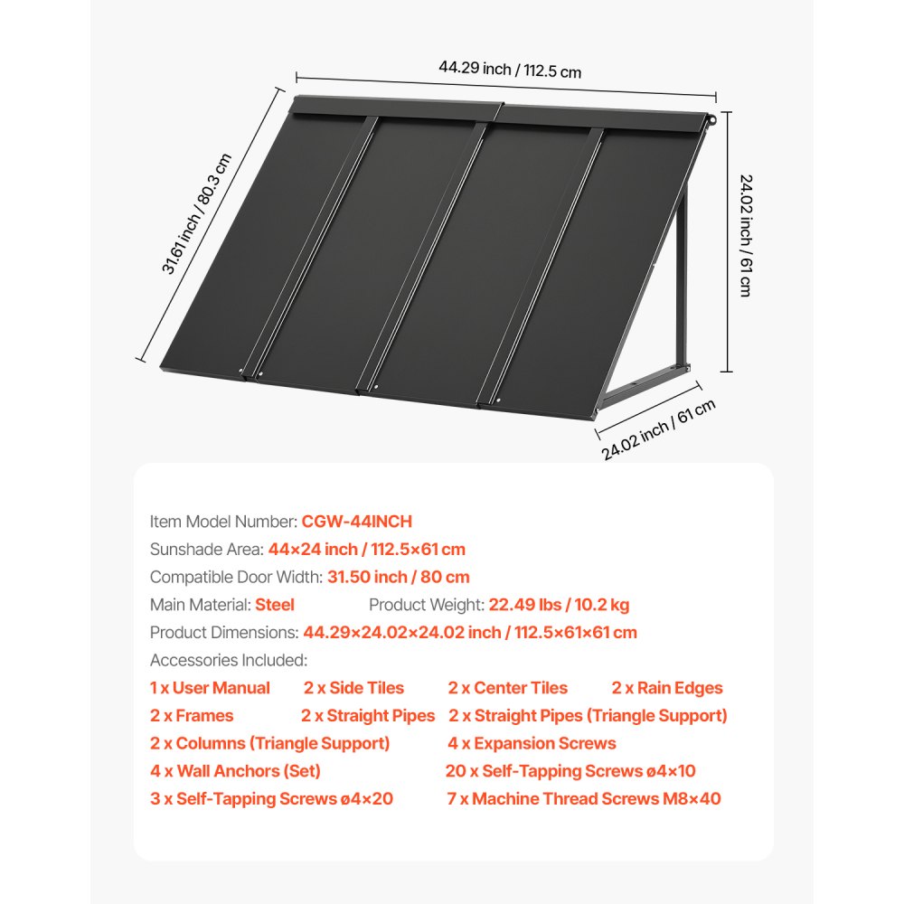 VEVOR window awning 112.5x61x61 cm, door canopy, awnings, roofing with triangular steel frame for doors, external rain & snow sun protection for doorways, windows, verandas, balconies