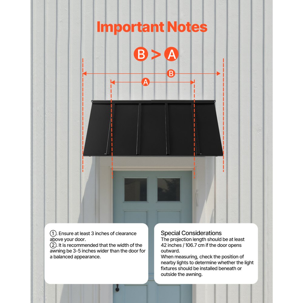 VEVOR Toldo para Exterior, Área de Protección Solar de 1430 x 610 mm Toldo de Acero con Recubrimiento en Polvo Resistente a la Oxidación con Voladizo Compatible para puerta de 1000 mm de Ancho