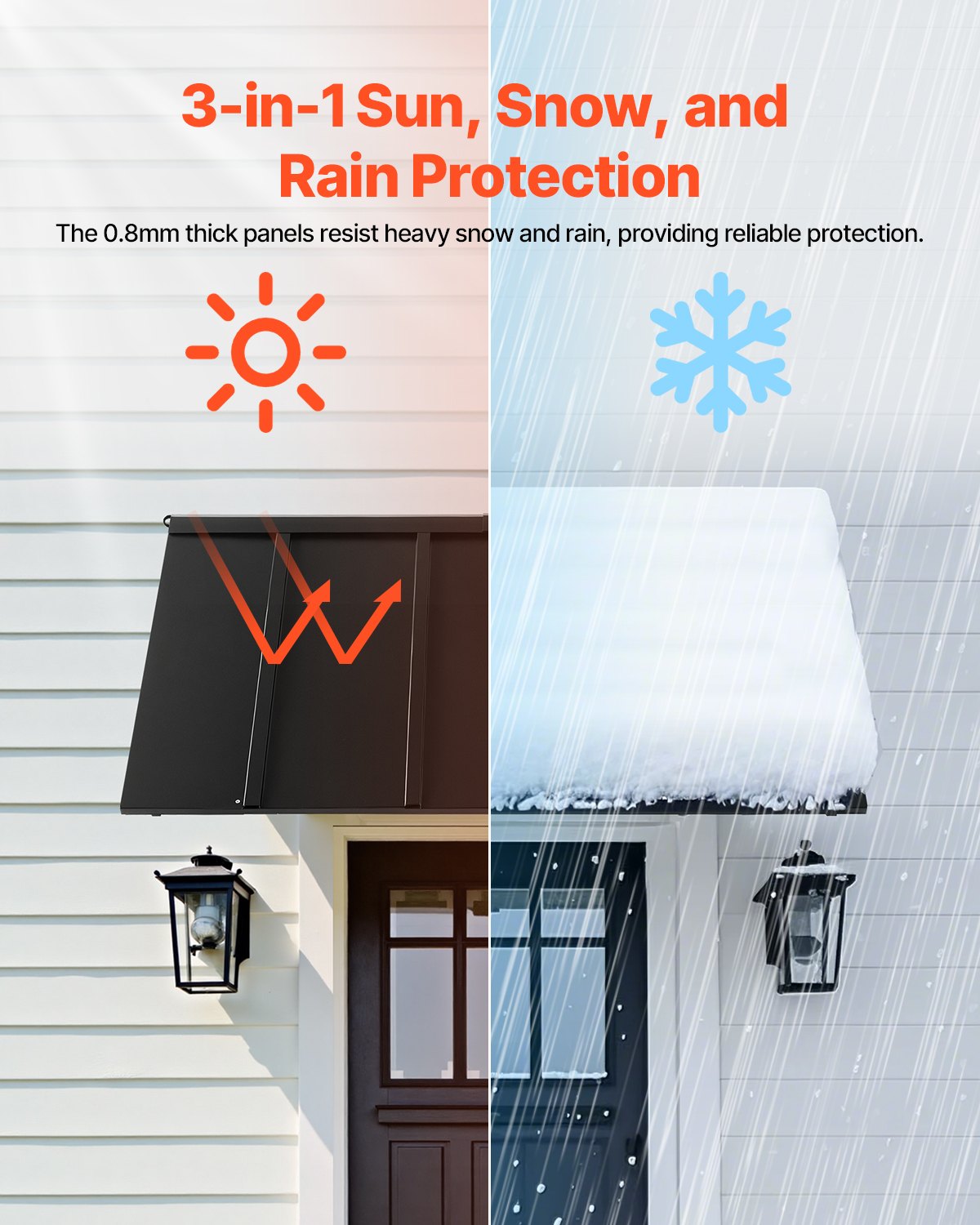 VEVOR Toldo para Exterior, Área de Protección Solar de 1430 x 610 mm Toldo de Acero con Recubrimiento en Polvo Resistente a la Oxidación con Voladizo Compatible para puerta de 1000 mm de Ancho