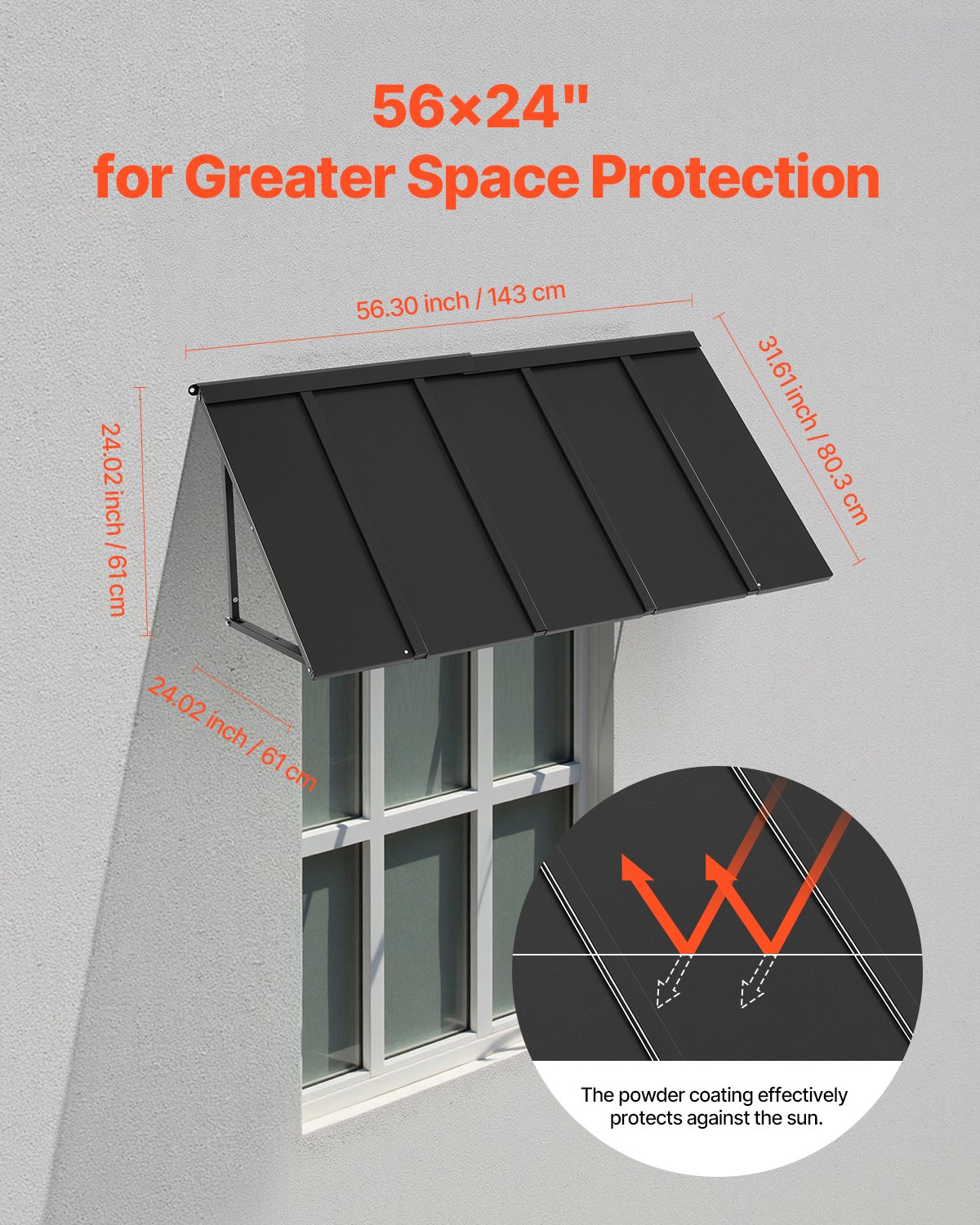 VEVOR Toldo para Exterior, Área de Protección Solar de 1430 x 610 mm Toldo de Acero con Recubrimiento en Polvo Resistente a la Oxidación con Voladizo Compatible para puerta de 1000 mm de Ancho