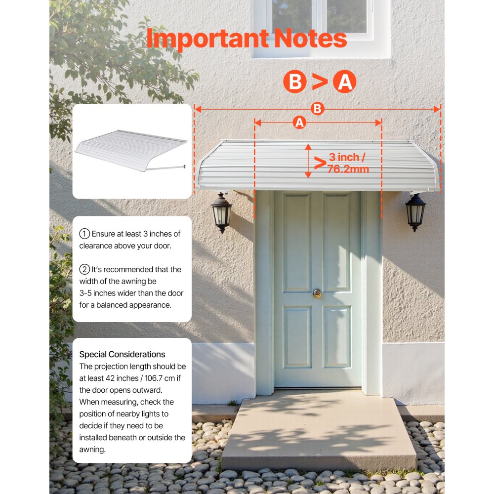 VEVOR Toldo para Exterior, Área de Protección Solar de 1524 x 1066 mm Toldo de Aleación de Aluminio Resistente a la Oxidación con Voladizo Compatible para Puerta de 1,2 m de Ancho de Exterior