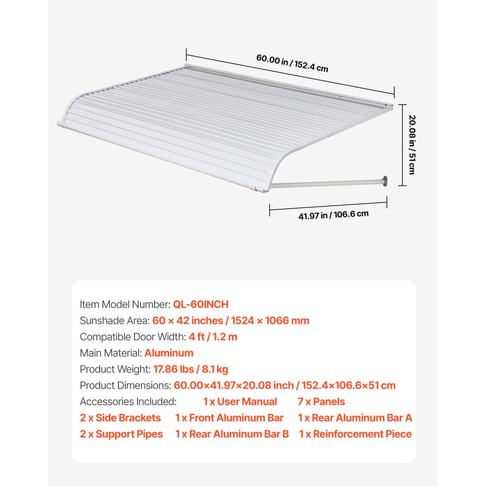 VEVOR Toldo para Exterior, Área de Protección Solar de 1524 x 1066 mm Toldo de Aleación de Aluminio Resistente a la Oxidación con Voladizo Compatible para Puerta de 1,2 m de Ancho de Exterior