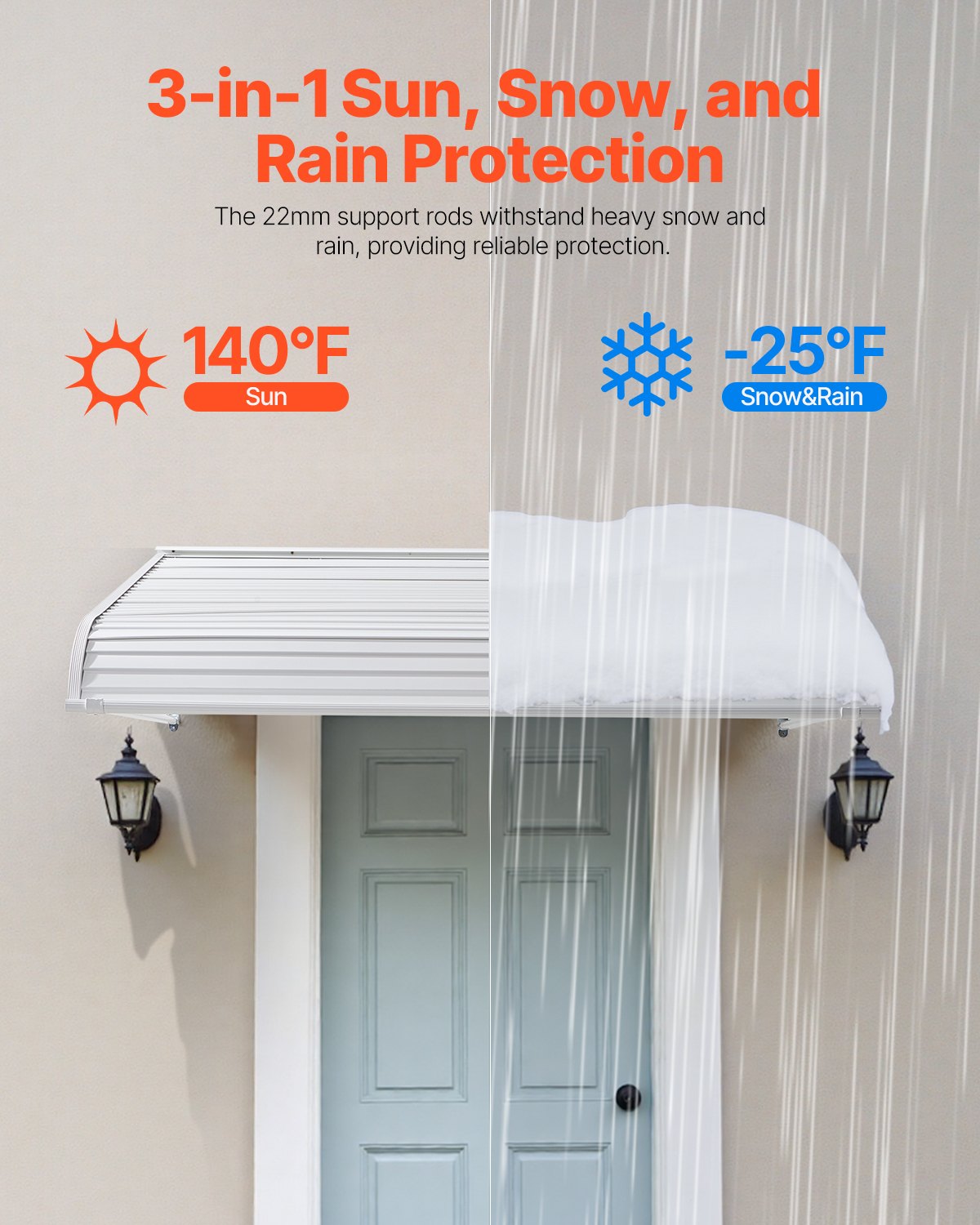 VEVOR Toldo para Exterior, Área de Protección Solar de 1524 x 1066 mm Toldo de Aleación de Aluminio Resistente a la Oxidación con Voladizo Compatible para Puerta de 1,2 m de Ancho de Exterior