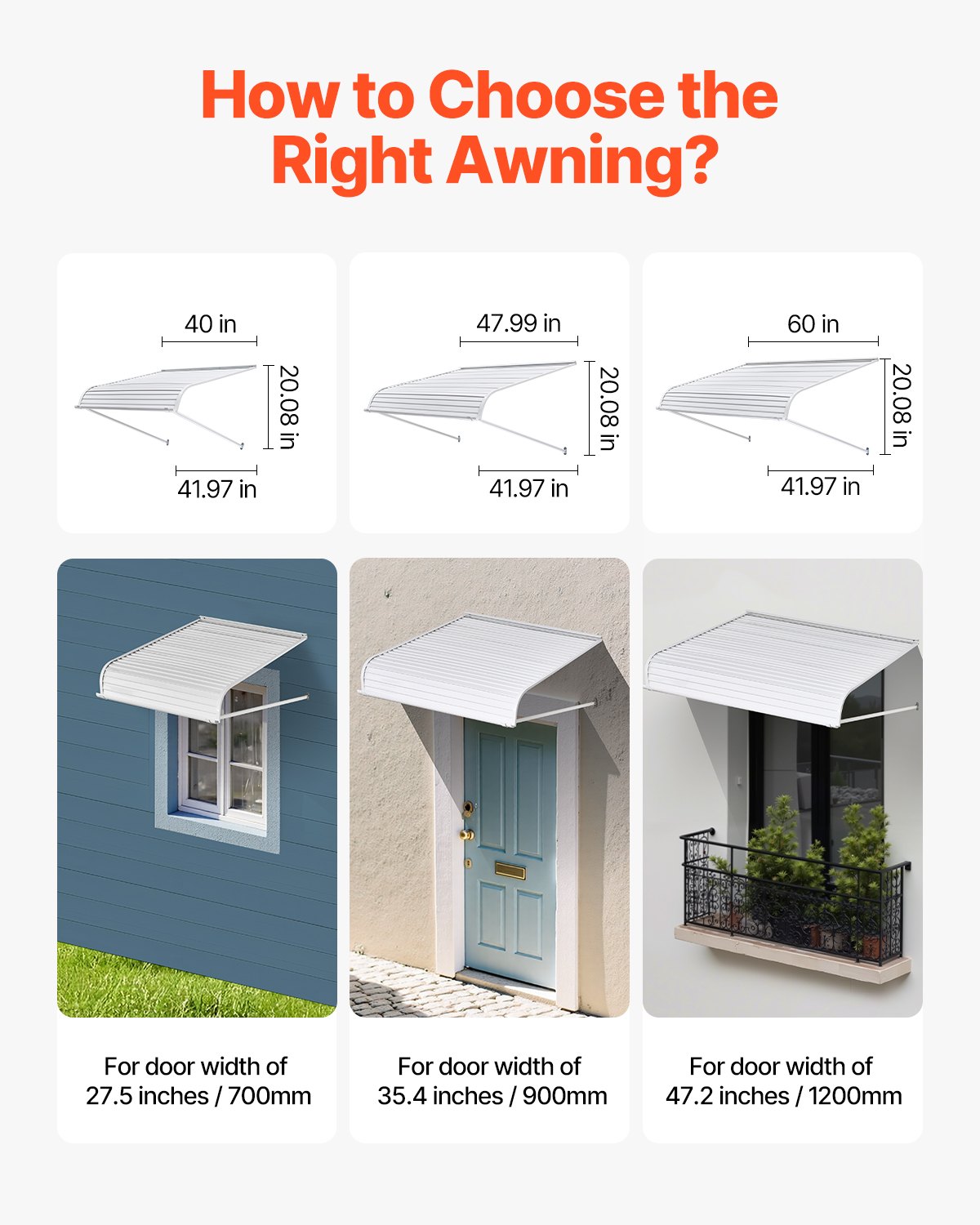 VEVOR Toldo para Exterior, Área de Protección Solar de 1524 x 1066 mm Toldo de Aleación de Aluminio Resistente a la Oxidación con Voladizo Compatible para Puerta de 1,2 m de Ancho de Exterior
