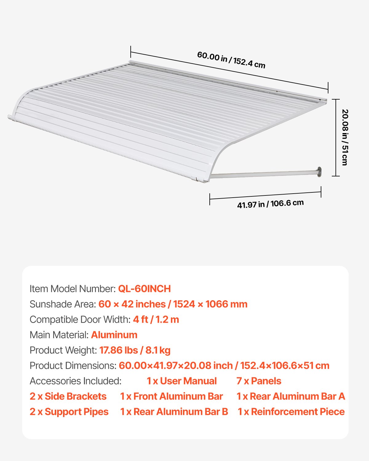 VEVOR Toldo para Exterior, Área de Protección Solar de 1524 x 1066 mm Toldo de Aleación de Aluminio Resistente a la Oxidación con Voladizo Compatible para Puerta de 1,2 m de Ancho de Exterior