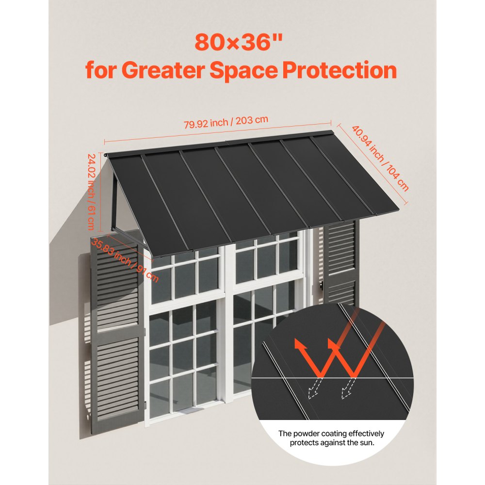 VEVOR Toldo para Exterior, Área de Protección Solar de 2032 x 910 mm Toldo de Acero con Recubrimiento en Polvo Resistente a la Oxidación con Voladizo Compatible para puerta de 1670 mm de Ancho