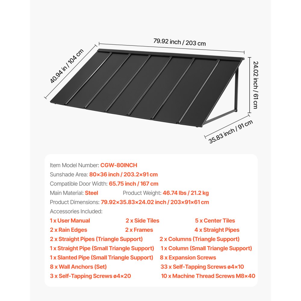 VEVOR Toldo para Exterior, Área de Protección Solar de 2032 x 910 mm Toldo de Acero con Recubrimiento en Polvo Resistente a la Oxidación con Voladizo Compatible para puerta de 1670 mm de Ancho