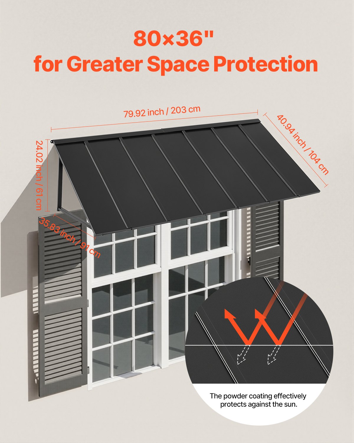 VEVOR Toldo para Exterior, Área de Protección Solar de 2032 x 910 mm Toldo de Acero con Recubrimiento en Polvo Resistente a la Oxidación con Voladizo Compatible para puerta de 1670 mm de Ancho