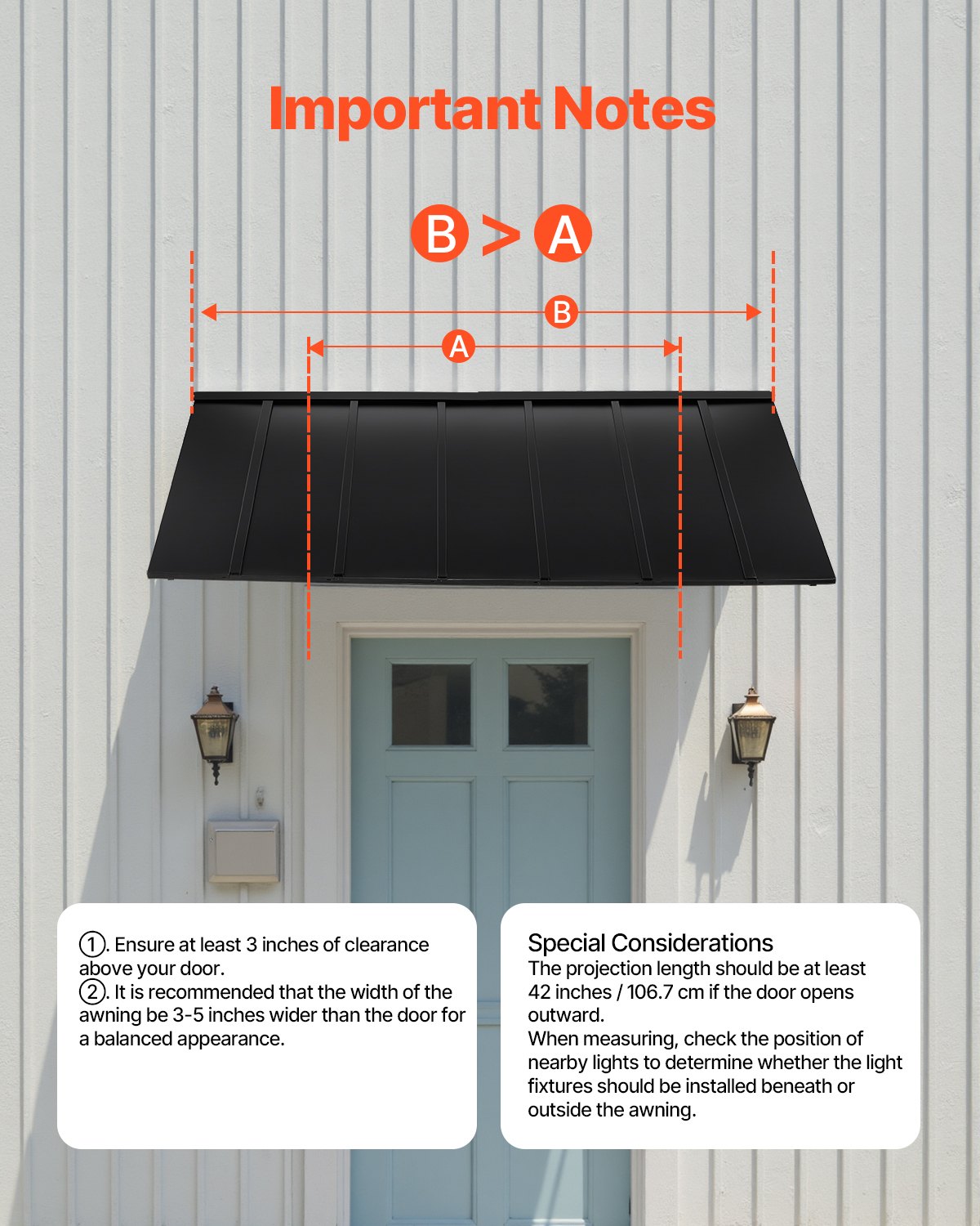 VEVOR Toldo para Exterior, Área de Protección Solar de 2032 x 910 mm Toldo de Acero con Recubrimiento en Polvo Resistente a la Oxidación con Voladizo Compatible para puerta de 1670 mm de Ancho