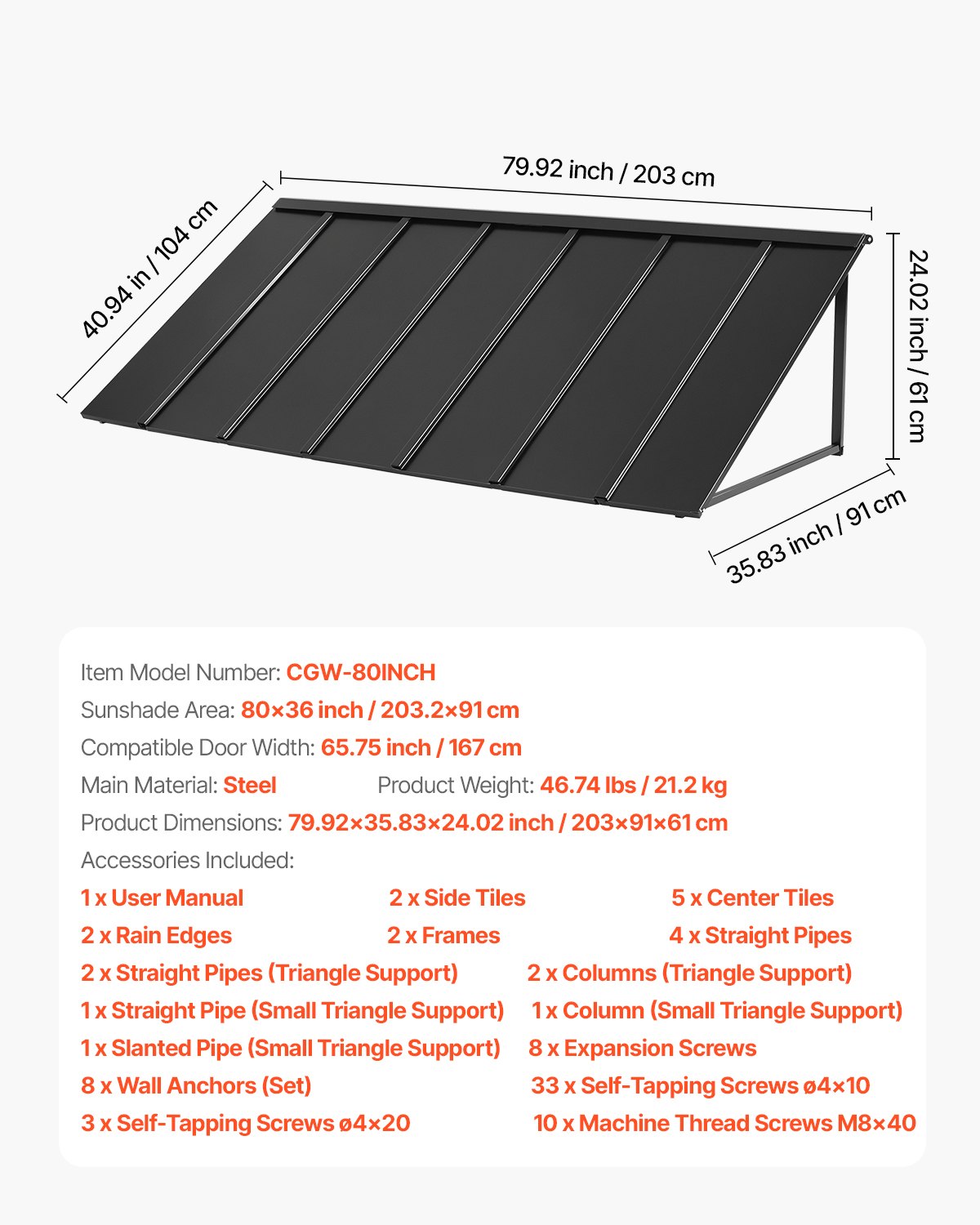 VEVOR Toldo para Exterior, Área de Protección Solar de 2032 x 910 mm Toldo de Acero con Recubrimiento en Polvo Resistente a la Oxidación con Voladizo Compatible para puerta de 1670 mm de Ancho