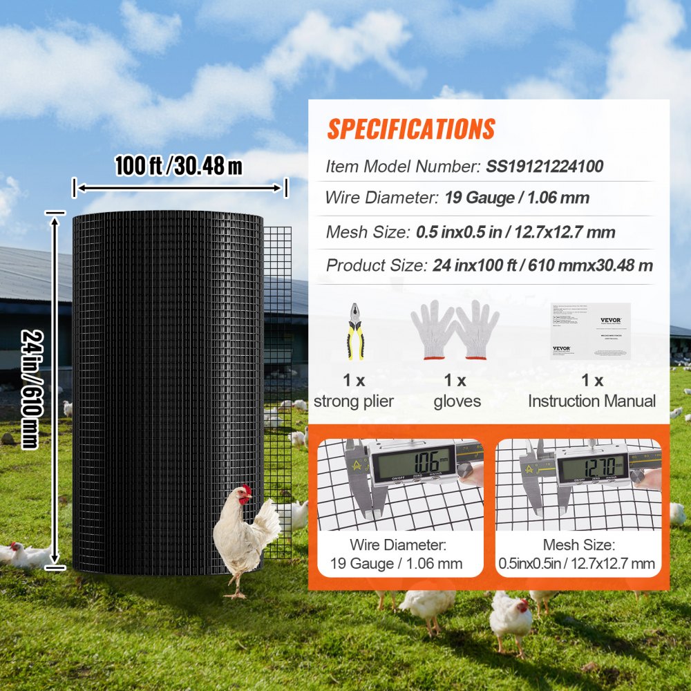 VEVOR Rollo de malla de alambre galvanizado 610x30480 mm Malla de alambre para pollos calibre 19 malla metálica recubierta de vinilo para cercas de gallineros, cercas de conejos, corrales para aves