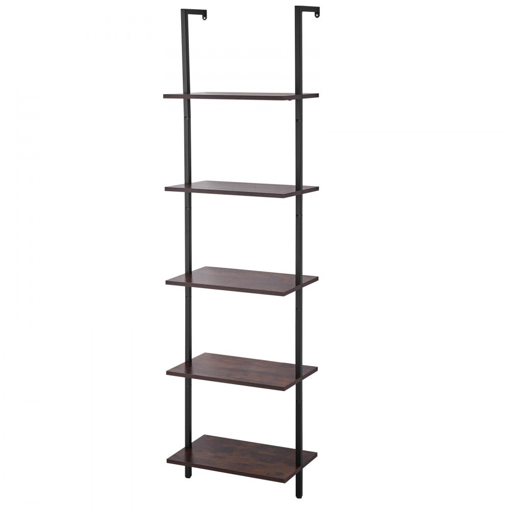VEVOR Ladder Shelf with Metal Frame, 5 Tiers, Wall-Mounted Bookshelf, 48 x 30 cm, Storage Shelf, Floating Shelf, Small Parts Holder for Kitchen, Bedroom, Bathroom, Living Room, Black