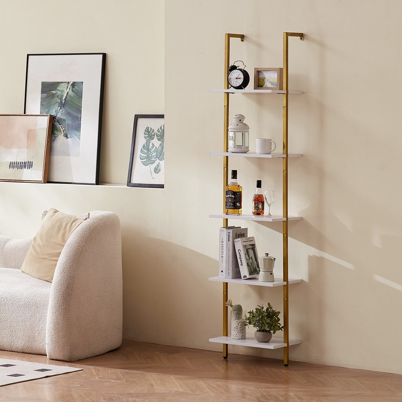VEVOR Ladder Shelf with Metal Frame, 5 Tiers, Wall-Mounted Bookshelf, 40 x 30 cm, Floating Shelf, Storage Shelf, Small Parts Holder for Kitchen, Bedroom, Bathroom, Living Room, Gold White