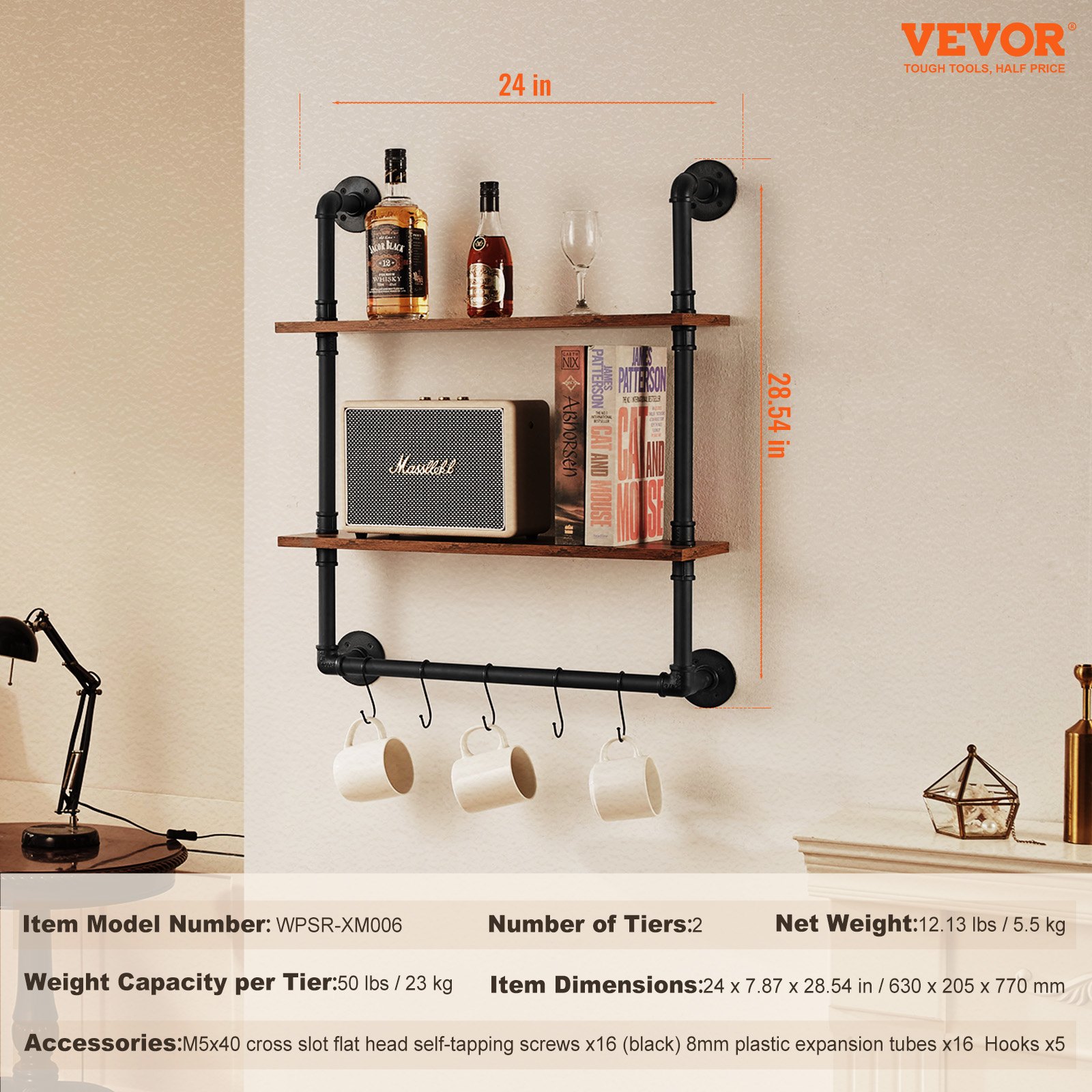 VEVOR Estantería industrial de tubos, 2 niveles, 24 x 7,87 pulgadas, soporte de madera rústica flotante para montaje en pared, estante de exhibición, soporte para artículos diversos para cocina, dormitorio, baño, sala de estar, color negro