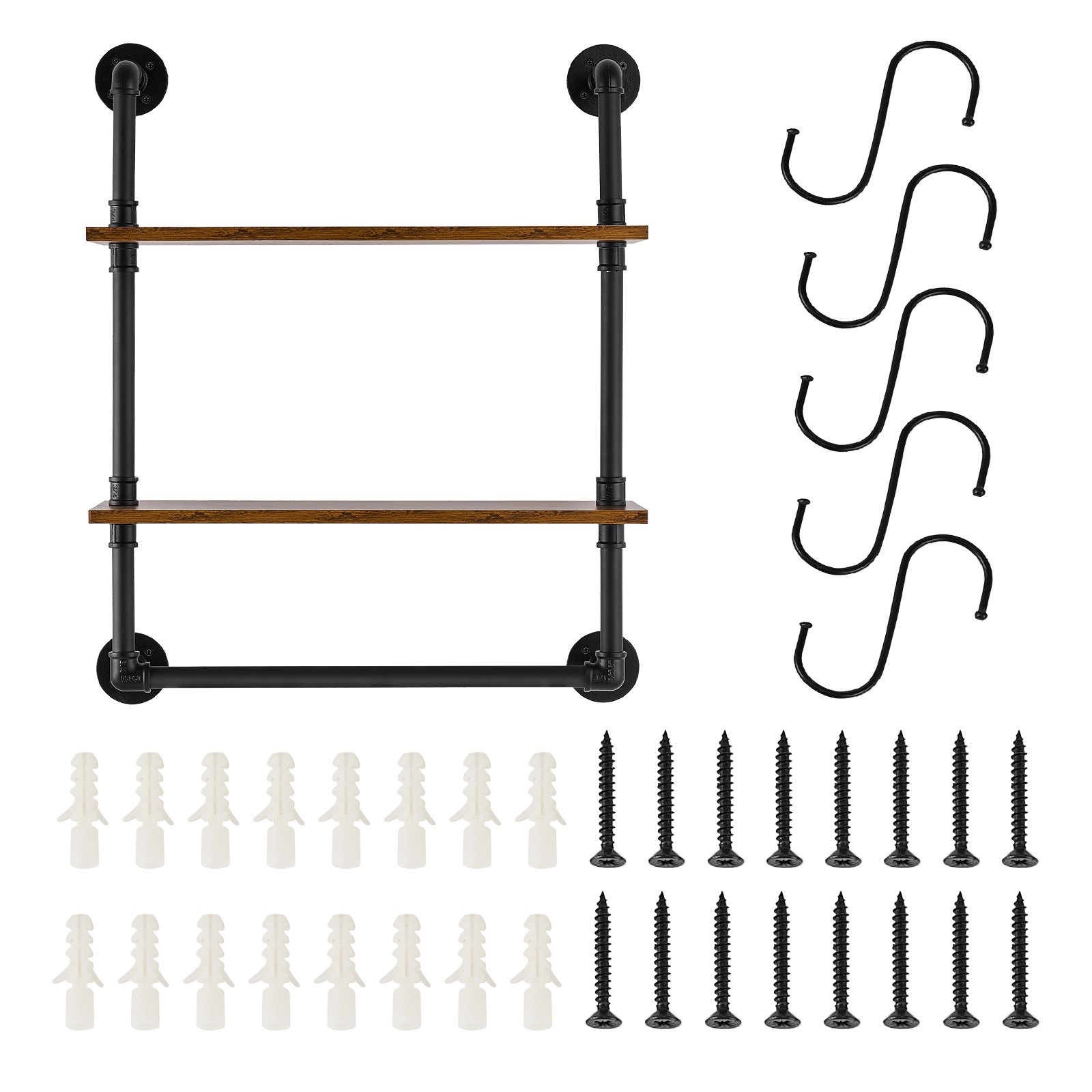 VEVOR Estantería industrial de tubos, 2 niveles, 24 x 7,87 pulgadas, soporte de madera rústica flotante para montaje en pared, estante de exhibición, soporte para artículos diversos para cocina, dormitorio, baño, sala de estar, color negro