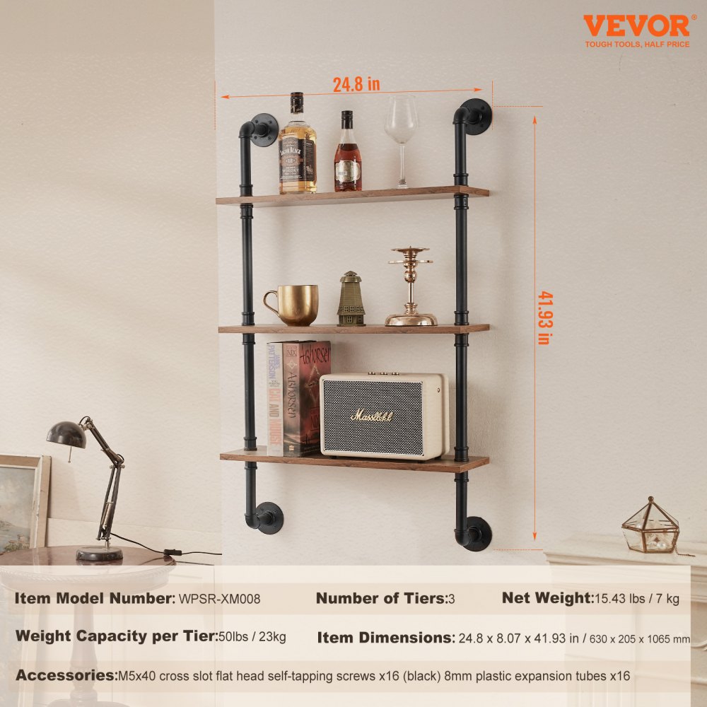 VEVOR Estantería industrial de tubos, 3 niveles, 24 x 7,87 pulgadas, soporte de madera rústica flotante para montaje en pared, estante de exhibición, soporte para artículos diversos para cocina, dormitorio, baño, sala de estar, color negro