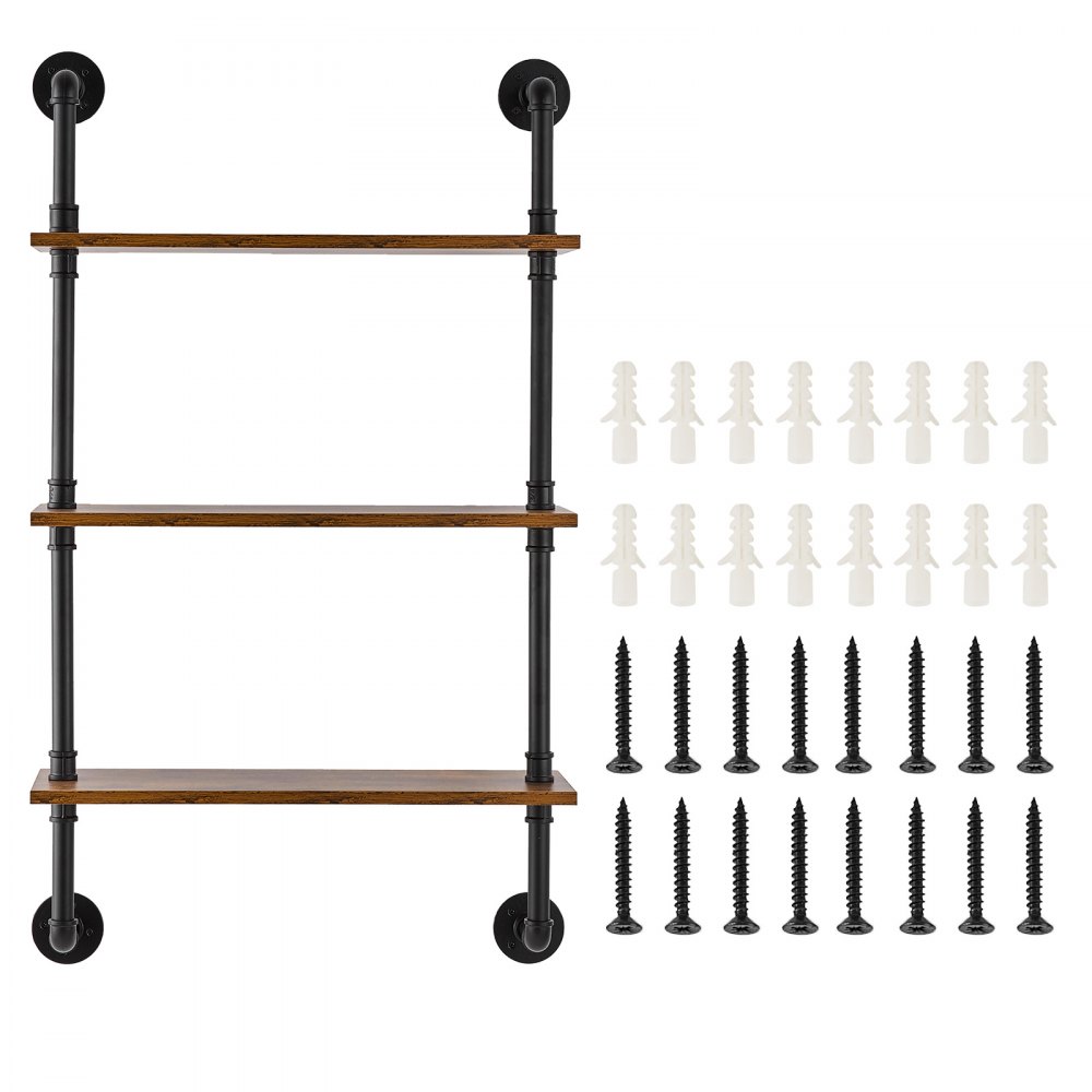 VEVOR Estantería industrial de tubos, 3 niveles, 24 x 7,87 pulgadas, soporte de madera rústica flotante para montaje en pared, estante de exhibición, soporte para artículos diversos para cocina, dormitorio, baño, sala de estar, color negro
