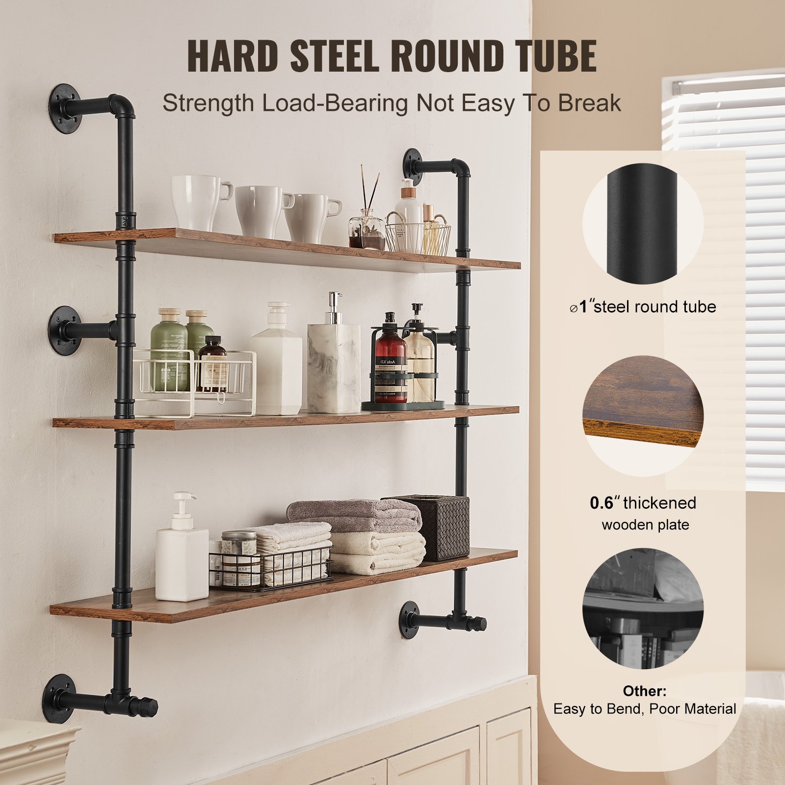 VEVOR Industrial Pipe Shelf, 3 Tiers, 122x25cm, Wall Mounted, Floating Rustic Wooden Shelves, Bracket, Floating Shelf, Storage Shelf, Small Parts Holder for Kitchen, Bedroom, Bathroom, Living Room