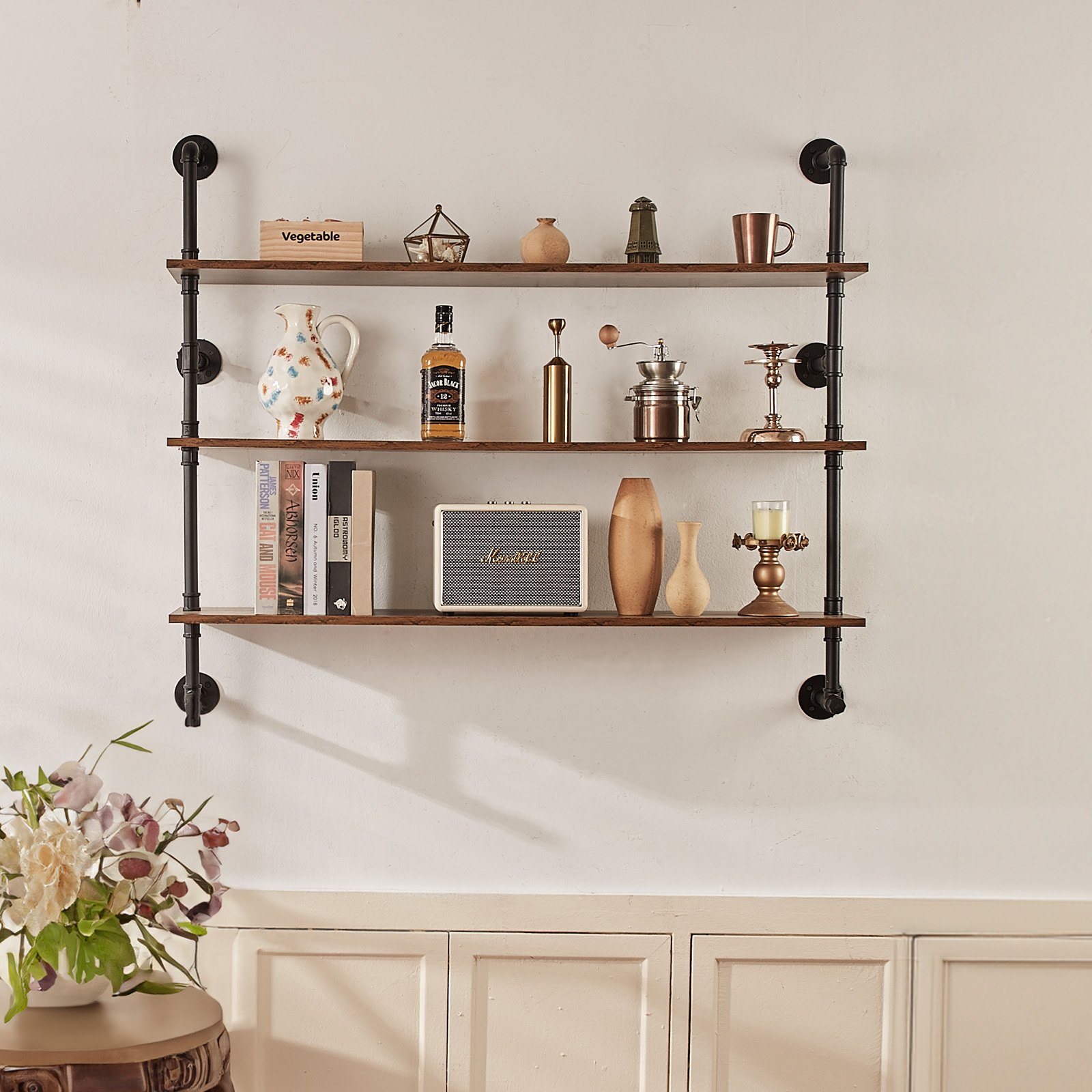 VEVOR Industrial Pipe Shelf, 3 Tiers, 122x25cm, Wall Mounted, Floating Rustic Wooden Shelves, Bracket, Floating Shelf, Storage Shelf, Small Parts Holder for Kitchen, Bedroom, Bathroom, Living Room