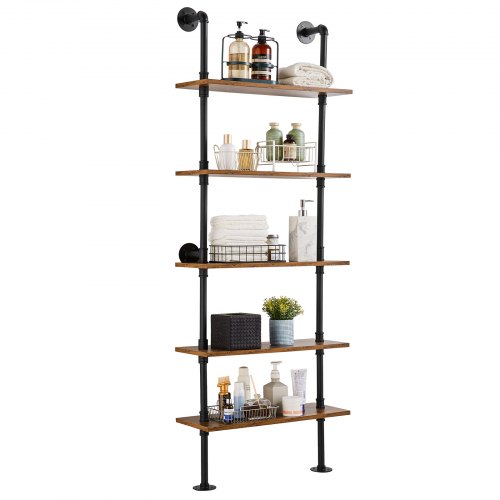 VEVOR Estantería industrial de tubos, 5 niveles, 24 x 9,84 pulgadas, soporte de madera rústica flotante para montaje en pared, estante de exhibición, soporte para artículos diversos para cocina, dormitorio, baño, sala de estar, color negro