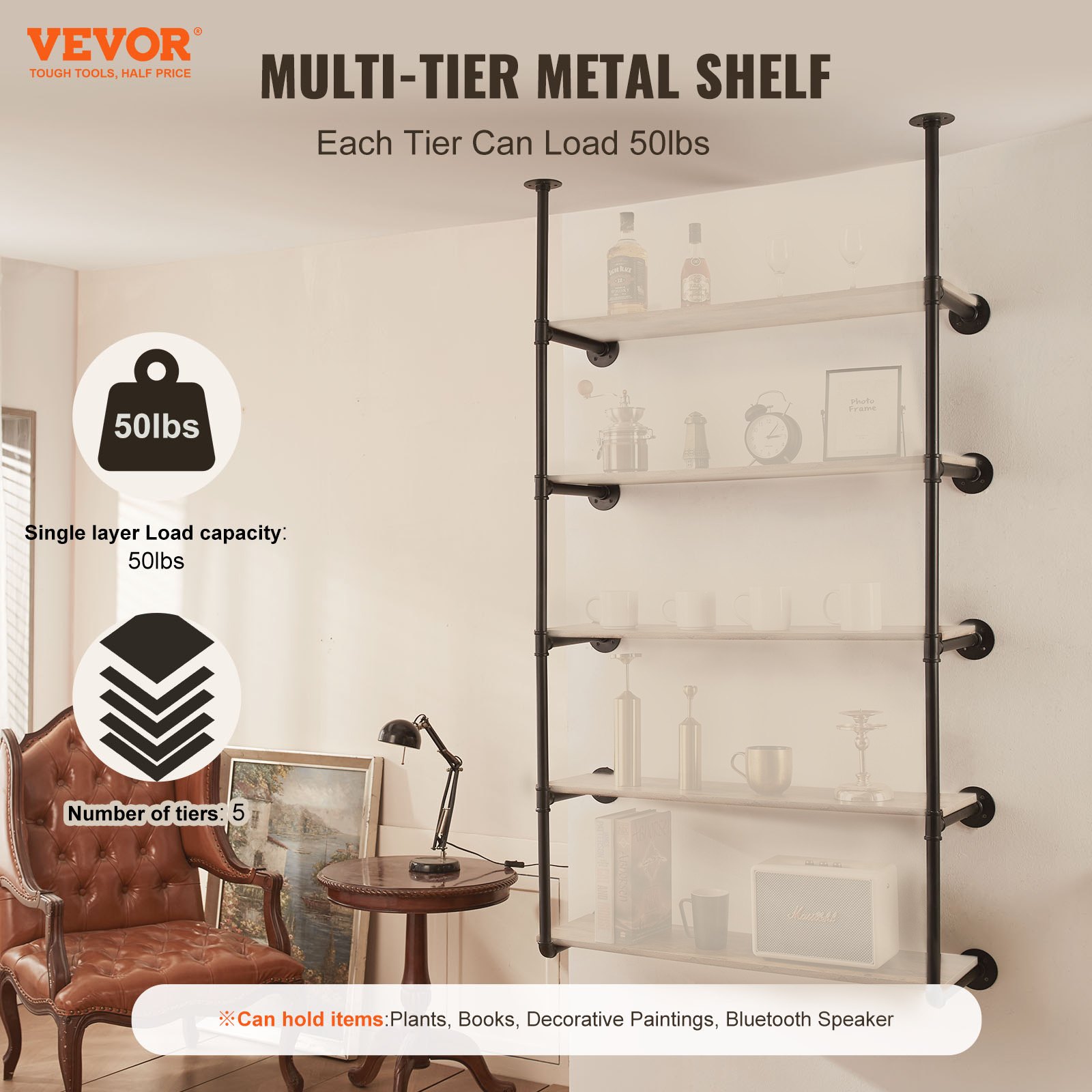 VEVOR Estantería industrial para tuberías, 5 niveles, 2 piezas, ancho de tablero aplicable de 9,84 pulgadas, soporte de estantes de madera rústica flotante para montaje en pared, soporte de almacenamiento para cocina, dormitorio, baño (tablones NO incluidos)