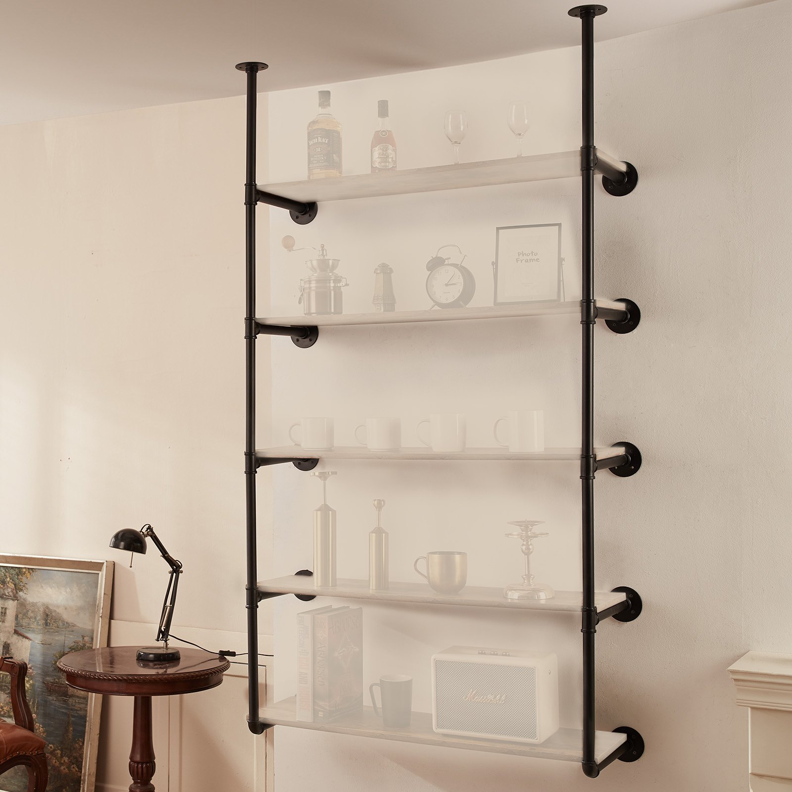 VEVOR Estantería industrial para tuberías, 5 niveles, 2 piezas, ancho de tablero aplicable de 9,84 pulgadas, soporte de estantes de madera rústica flotante para montaje en pared, soporte de almacenamiento para cocina, dormitorio, baño (tablones NO incluidos)