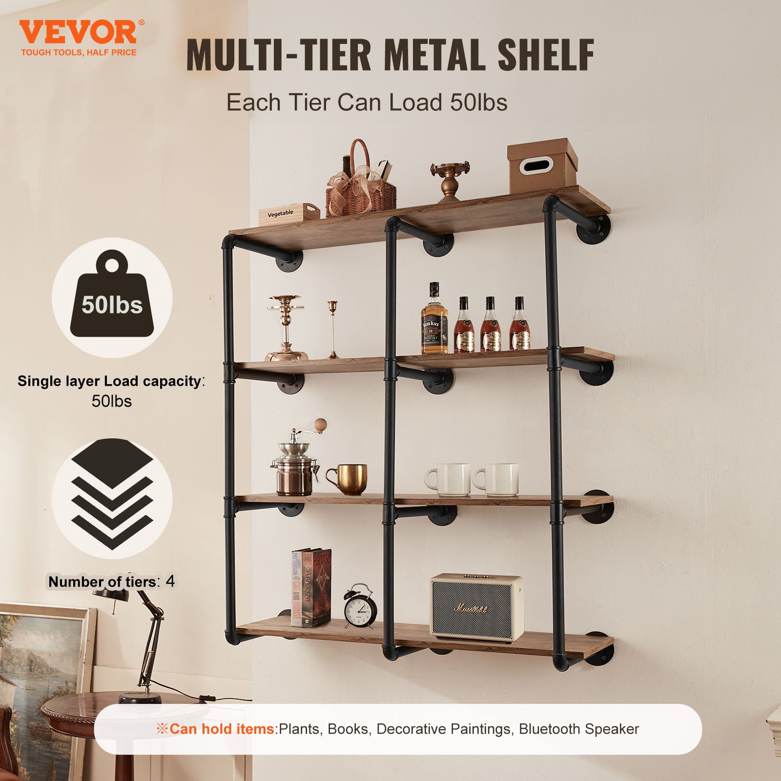 VEVOR Industrial Pipe Shelf, 4 Tiers, 3-Piece, 11.8 Inches Applicable Board Width, Wall Mounted, Floating Rustic Wooden Shelves, Storage Holder (Boards NOT Included)