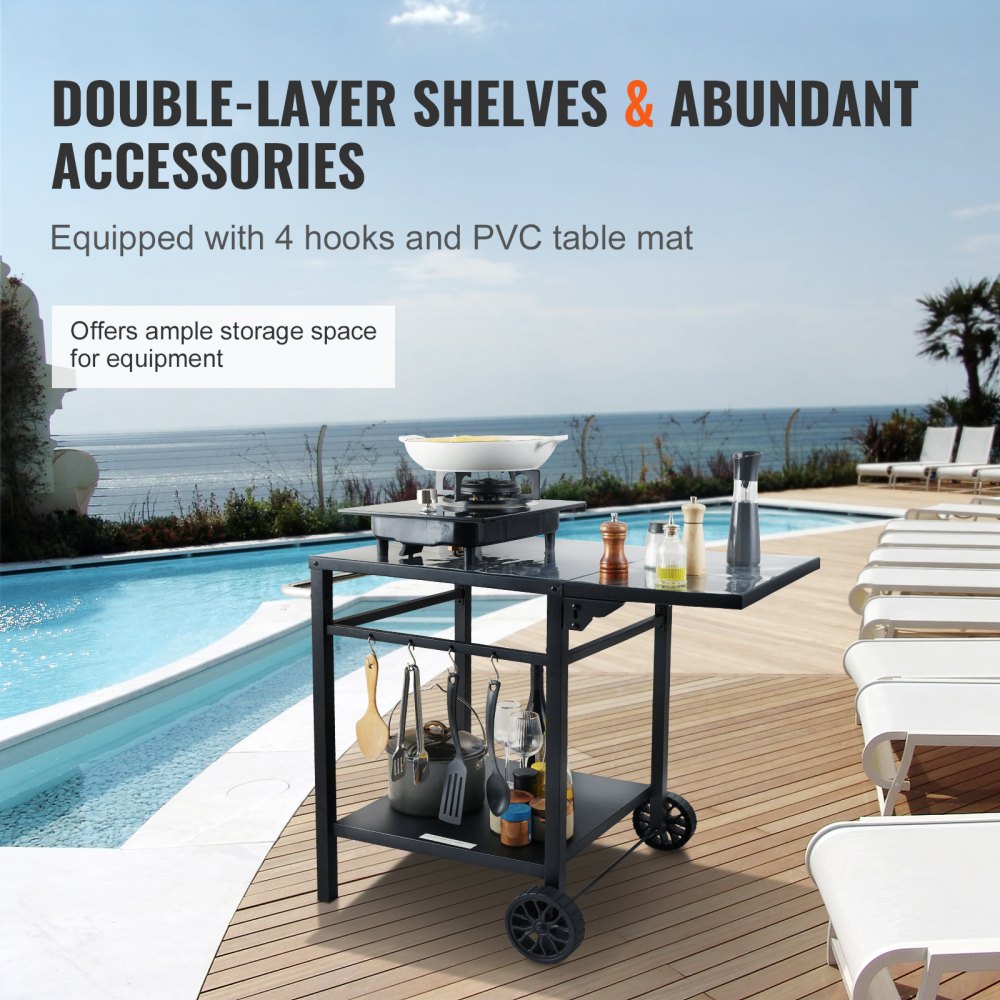 VEVOR Carrito de Comedor para Barbacoa al Aire Libre con Estante Doble, Mesa Móvil de Preparación de Alimentos para Barbacoa, Mesa de Hierro Plegable Multifuncional, Carros Modulares para Exteriores