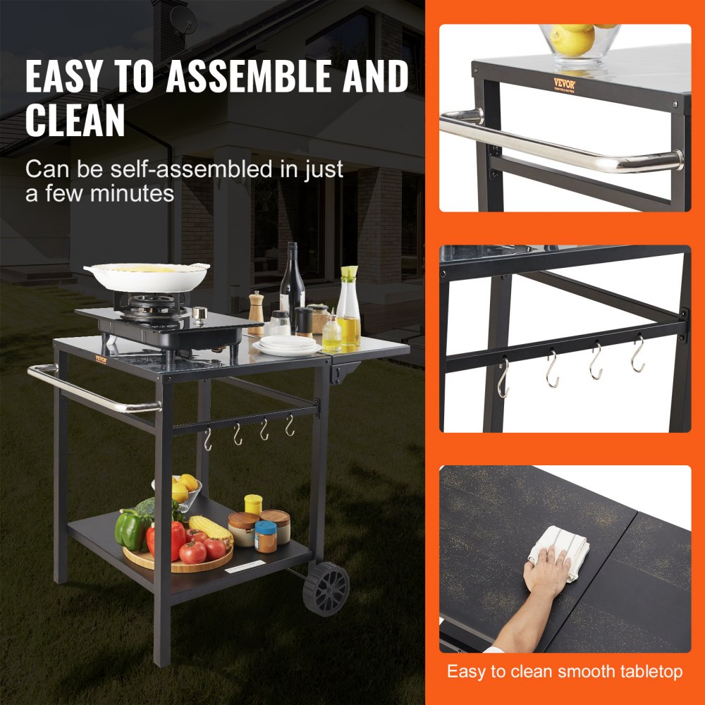 VEVOR Carrito de Comedor para Barbacoa al Aire Libre con Estante Doble, Mesa Móvil de Preparación de Alimentos para Barbacoa, Mesa de Hierro Plegable Multifuncional, Carros Modulares para Exteriores
