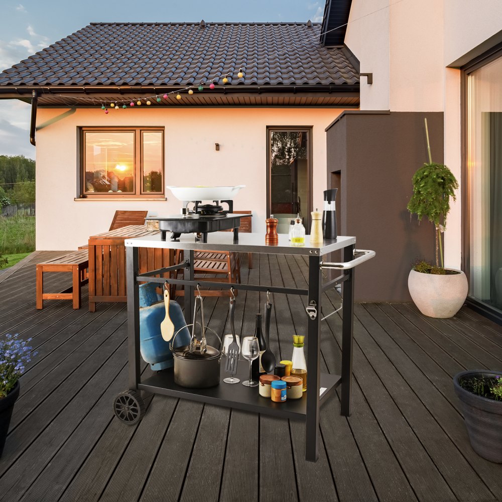 VEVOR Carrito de Comedor para Barbacoa al Aire Libre con Estante Doble, Mesa Móvil de Preparación de Alimentos para Barbacoa, Tapa de Hierro Plegable Multifuncional, Carros para Exteriores, 85x55 cm